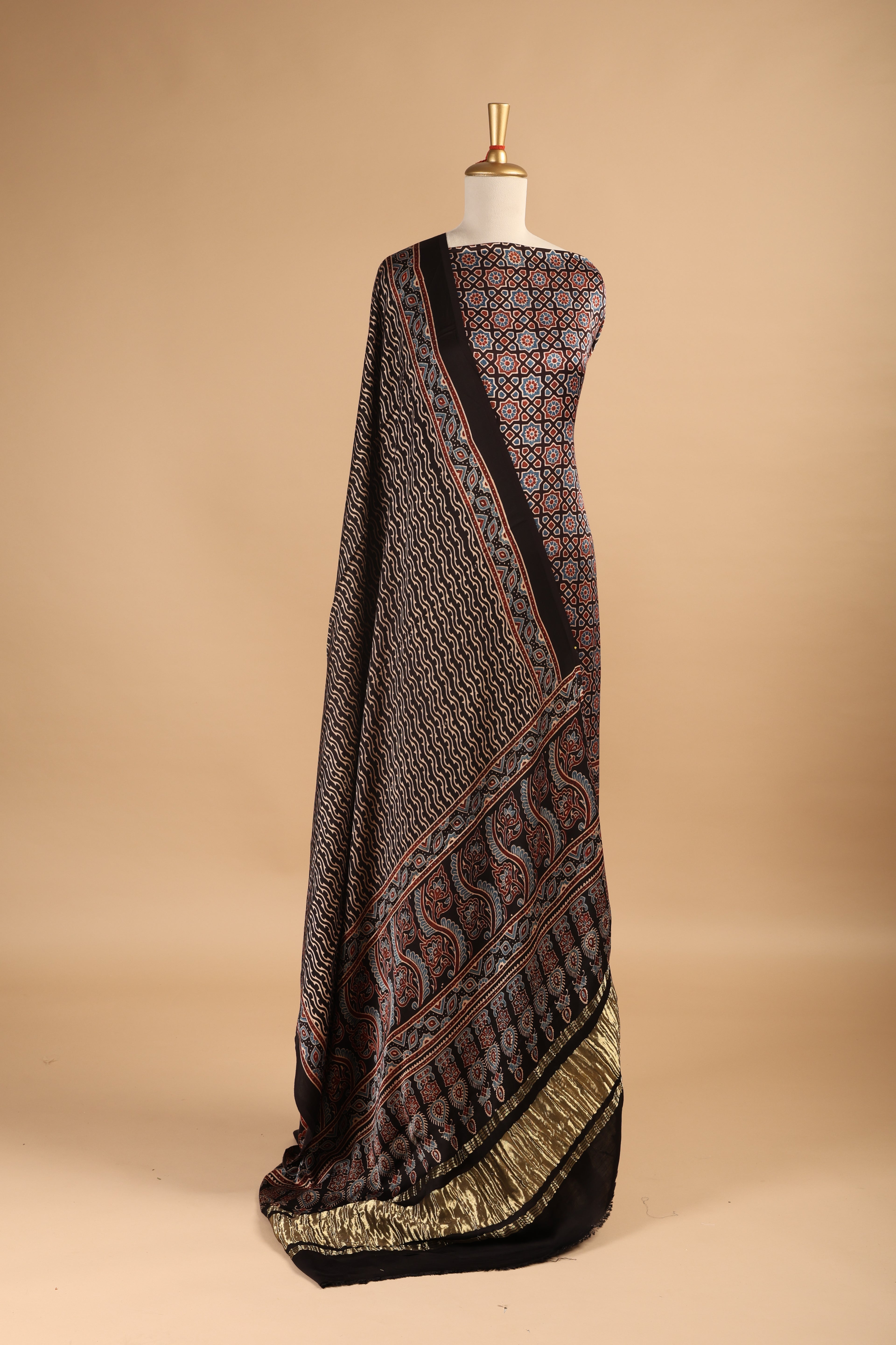 Black Ajrakh Hand Block Print Unstitched 3-Piece Suit Set in Modal Satin