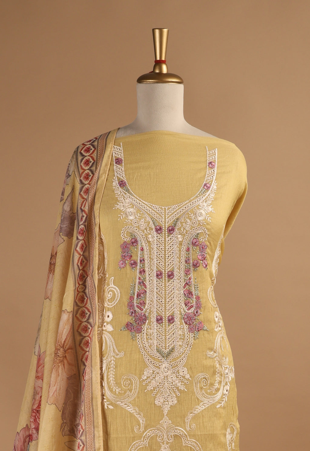 Lemon Yellow Multi-Colour Embroidered Unstitched 3-Piece Suit Set in Mul Chanderi