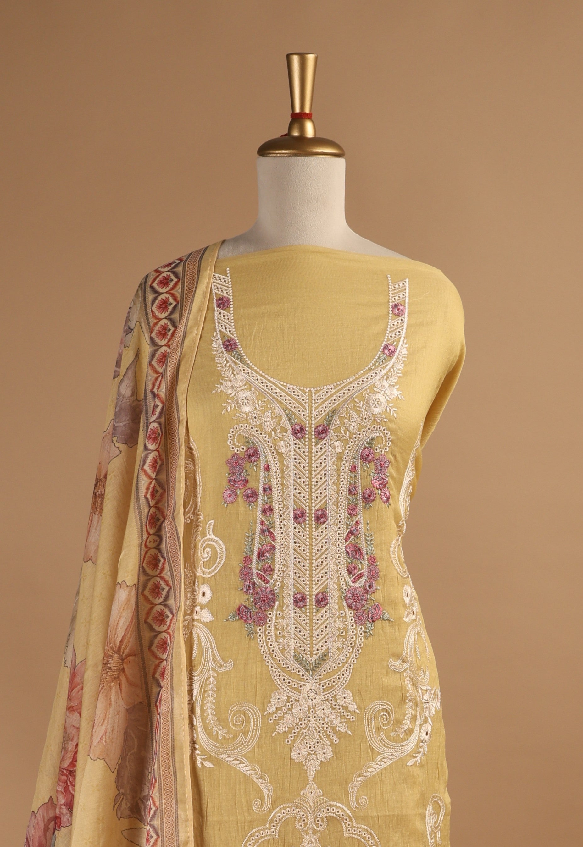 Lemon Yellow Multi-Colour Embroidered Unstitched 3-Piece Suit Set in Mul Chanderi