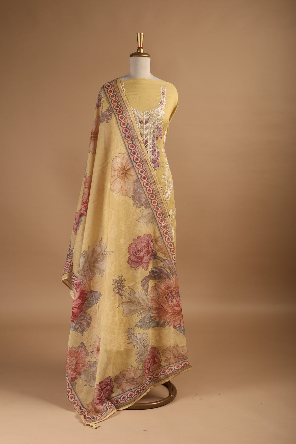 Lemon Yellow Multi-Colour Embroidered Unstitched 3-Piece Suit Set in Mul Chanderi