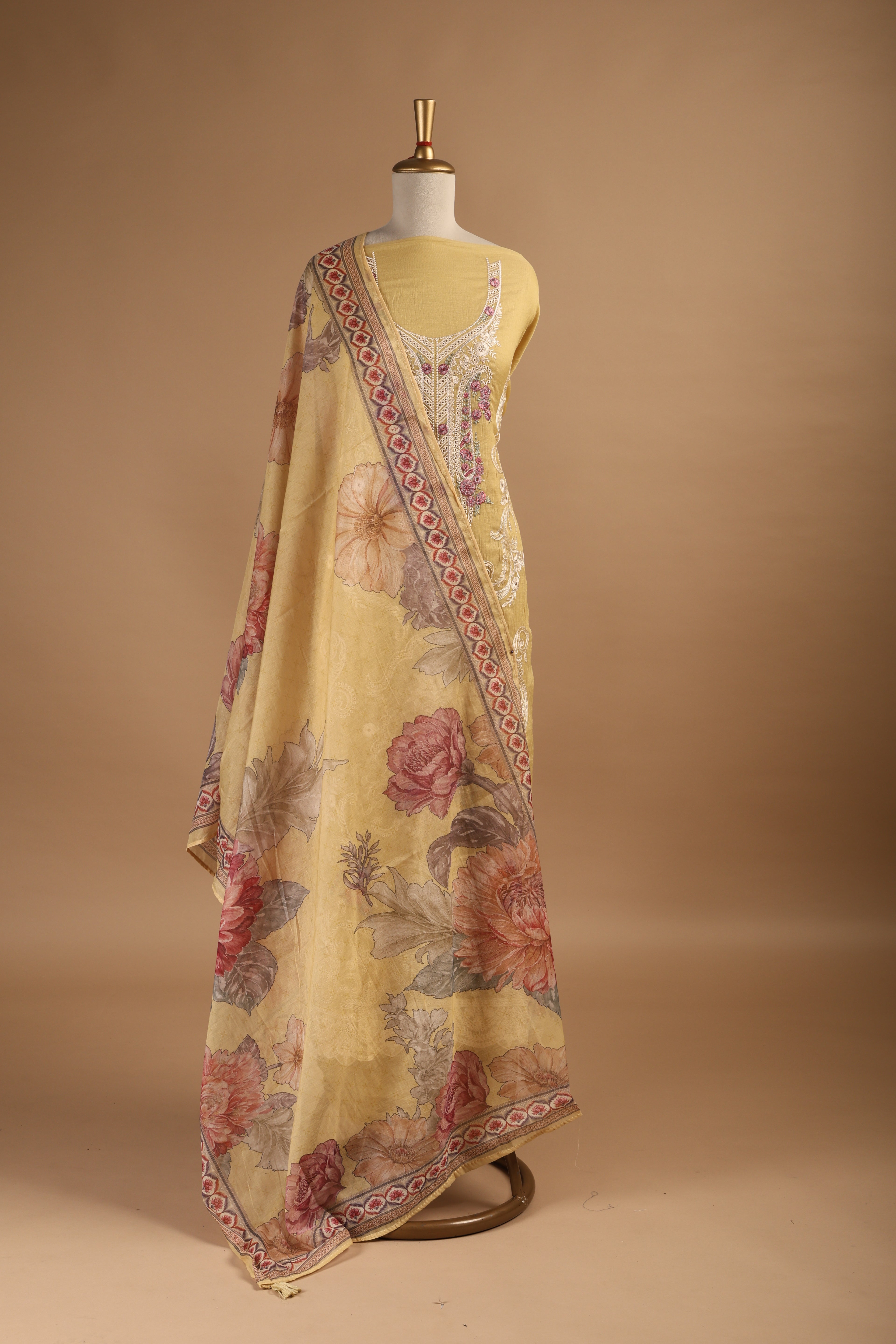 Lemon Yellow Multi-Colour Embroidered Unstitched 3-Piece Suit Set in Mul Chanderi
