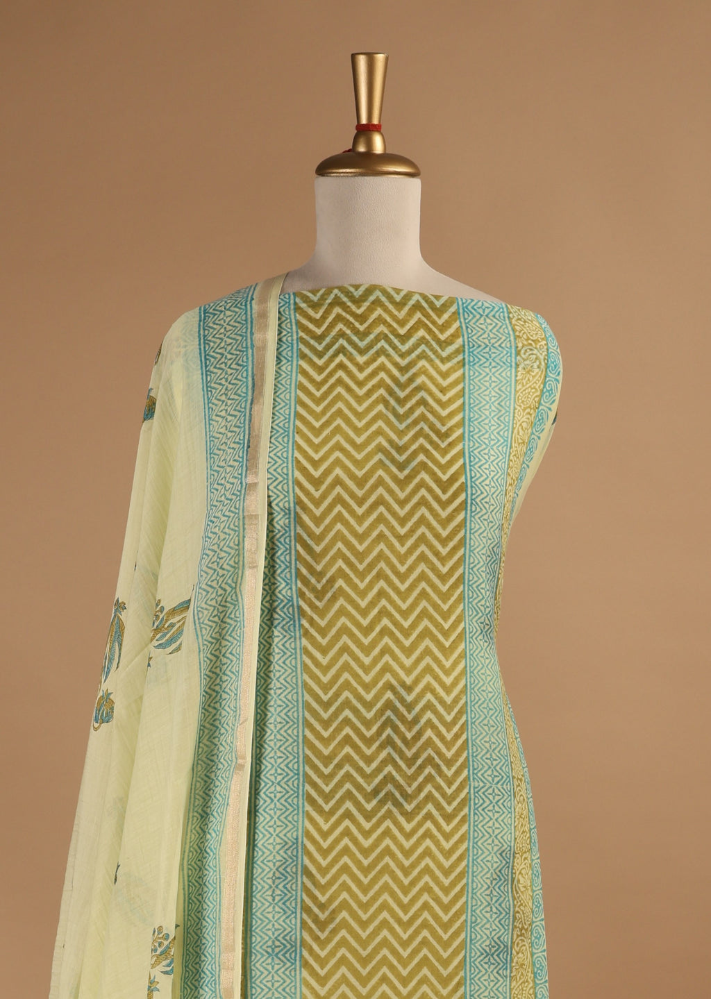 Lime Green Hand Block Printed Unstitched 3-Piece Suit Set in Mul Chanderi