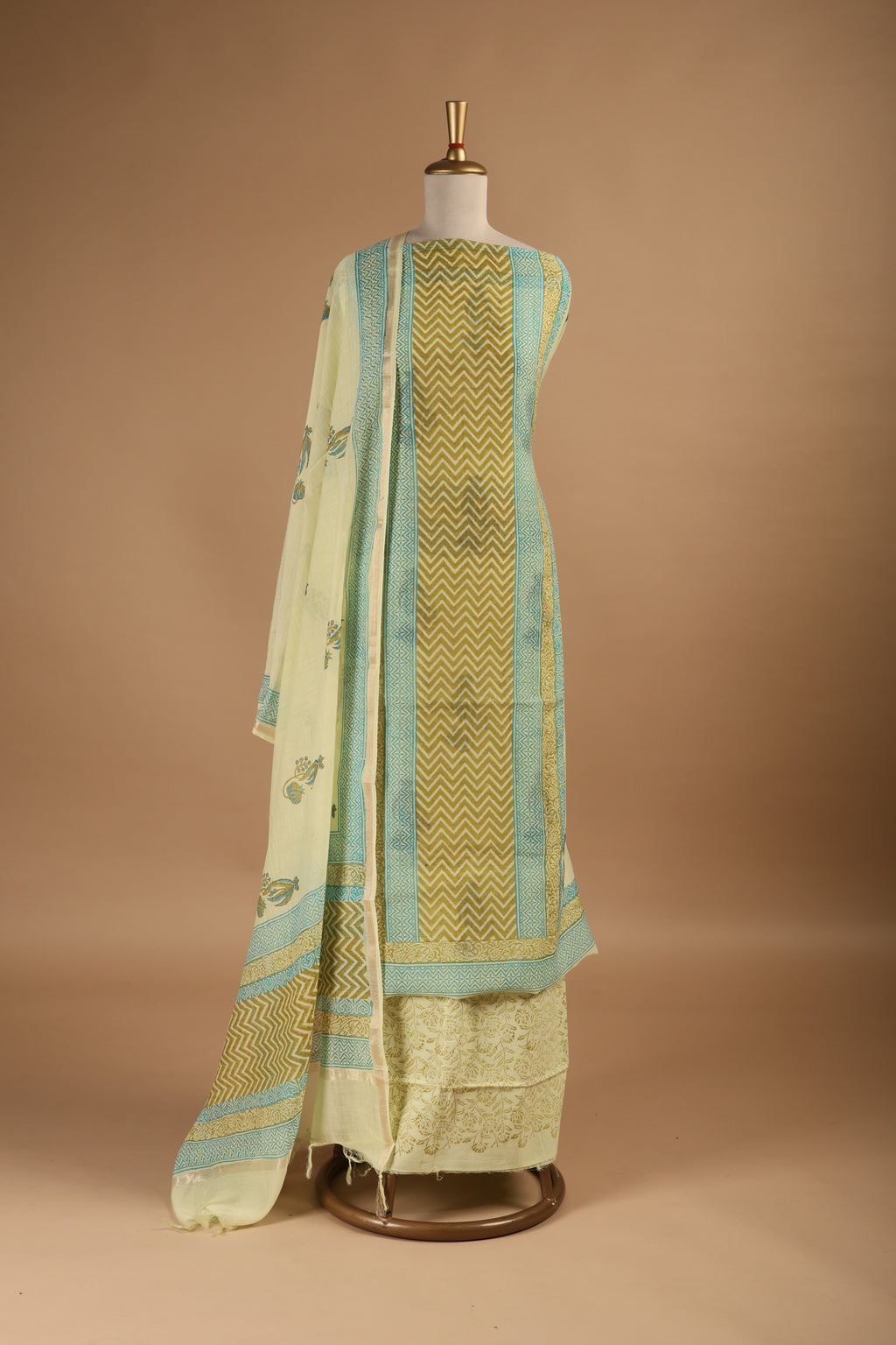 Lime Green Hand Block Printed Unstitched 3-Piece Suit Set in Mul Chanderi