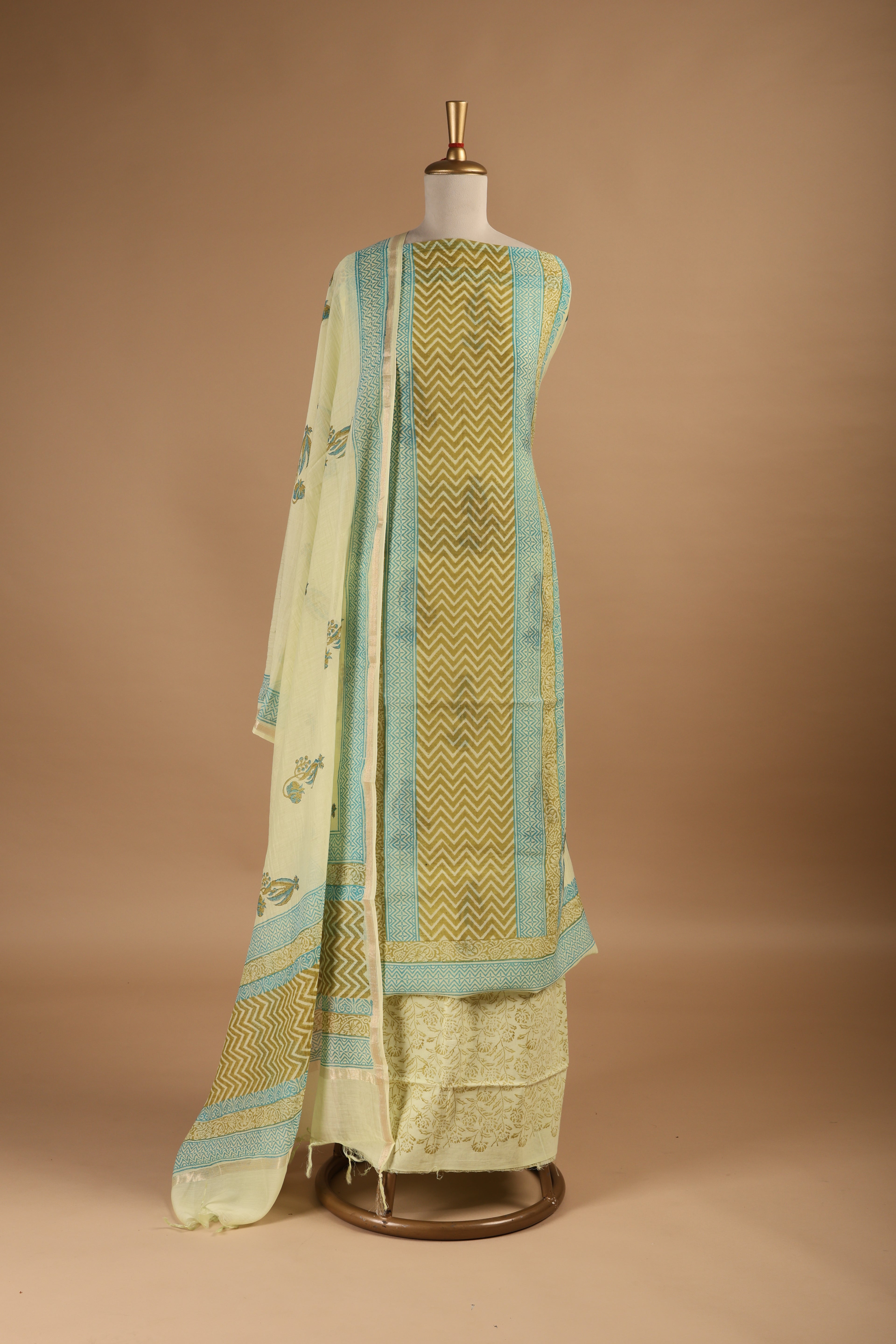 Lime Green Hand Block Printed Unstitched 3-Piece Suit Set in Mul Chanderi