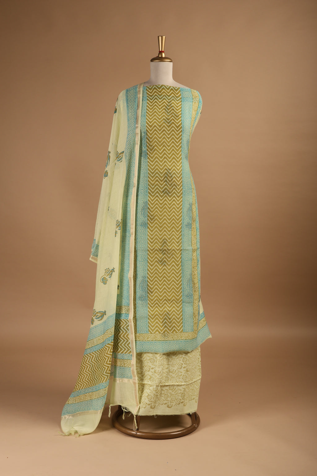 Hand Block Printed Mul Chanderi Three Piece Suit Set