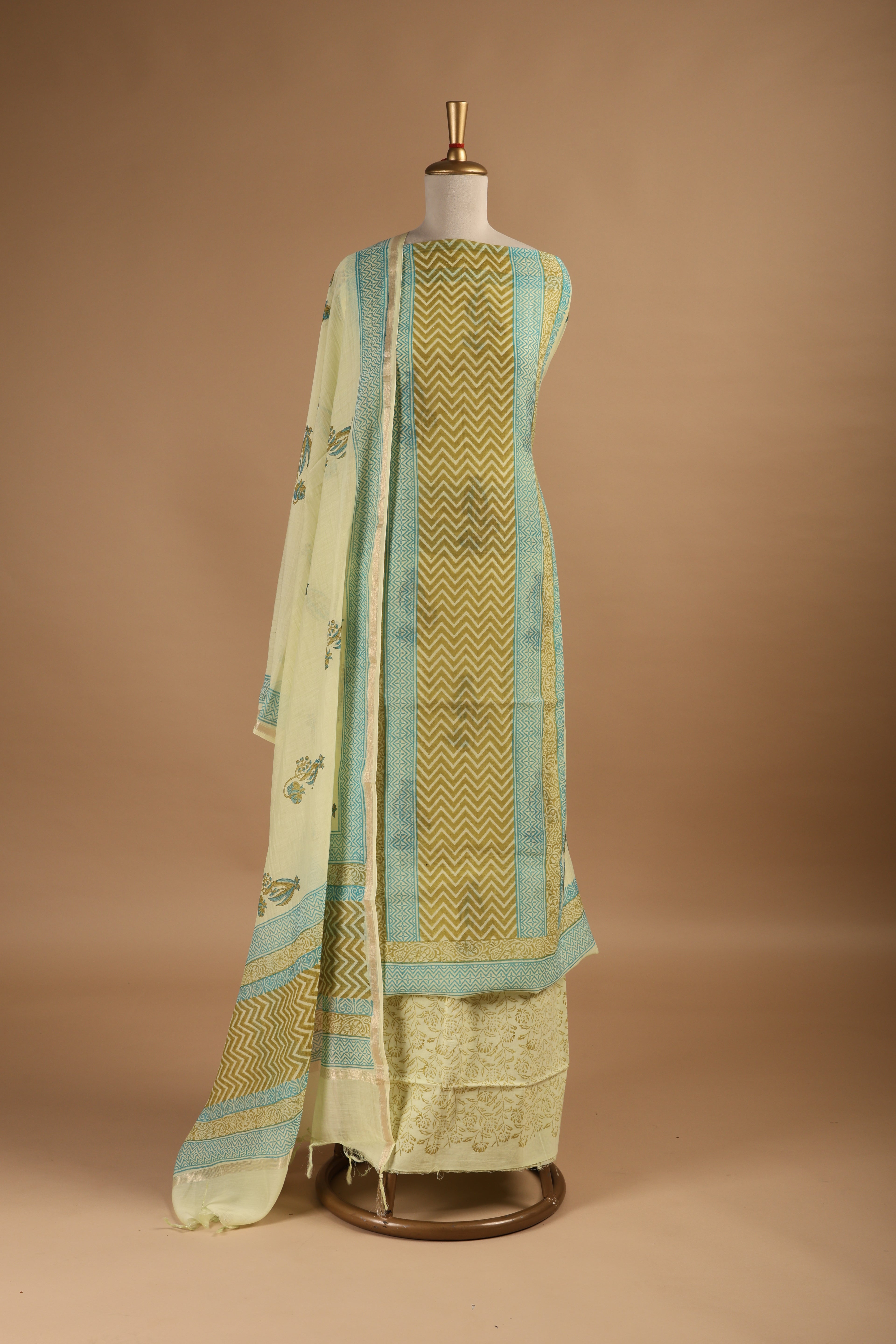 Hand Block Printed Mul Chanderi Three Piece Suit Set