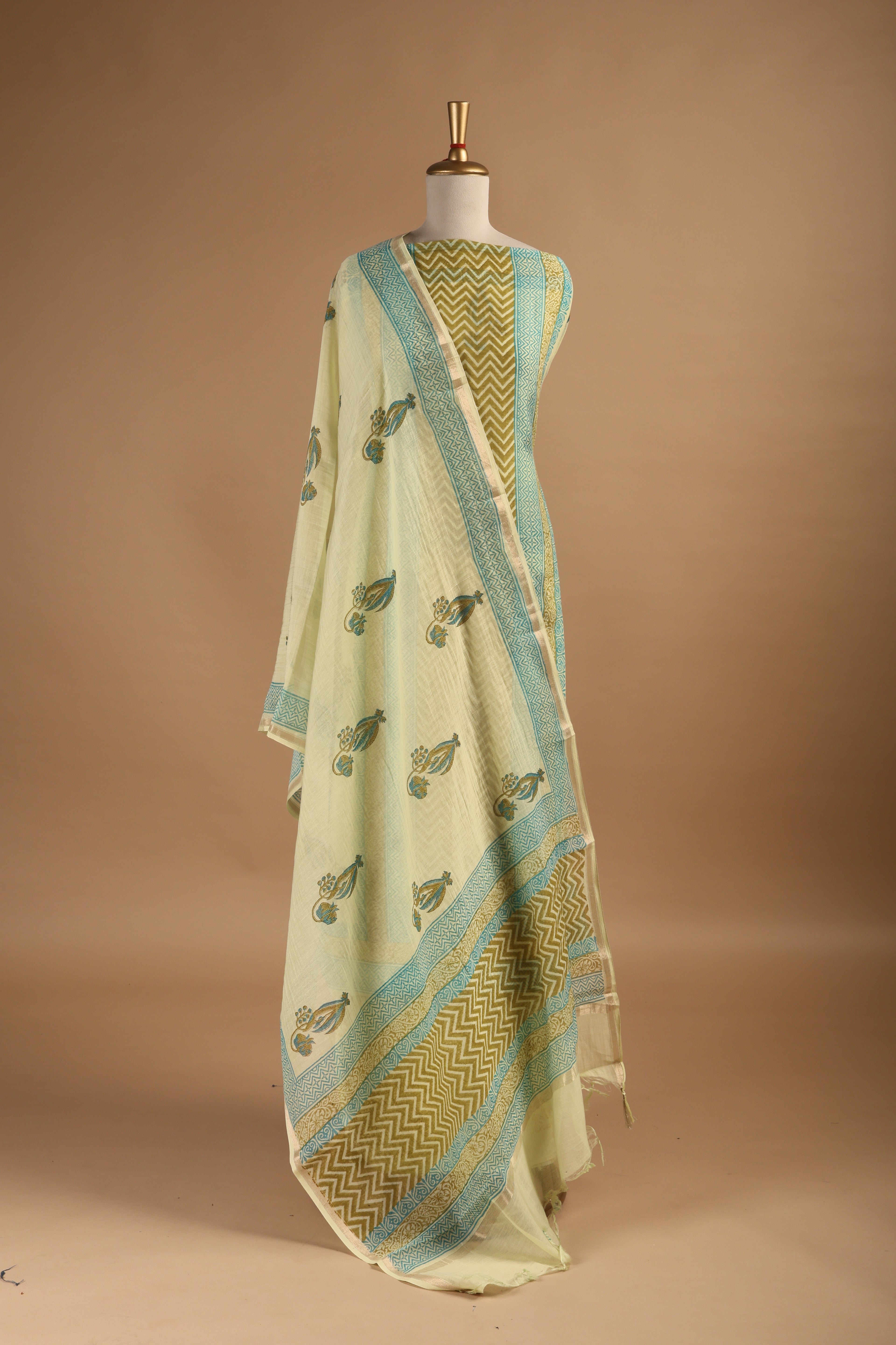 Hand Block Printed Mul Chanderi Three Piece Suit Set