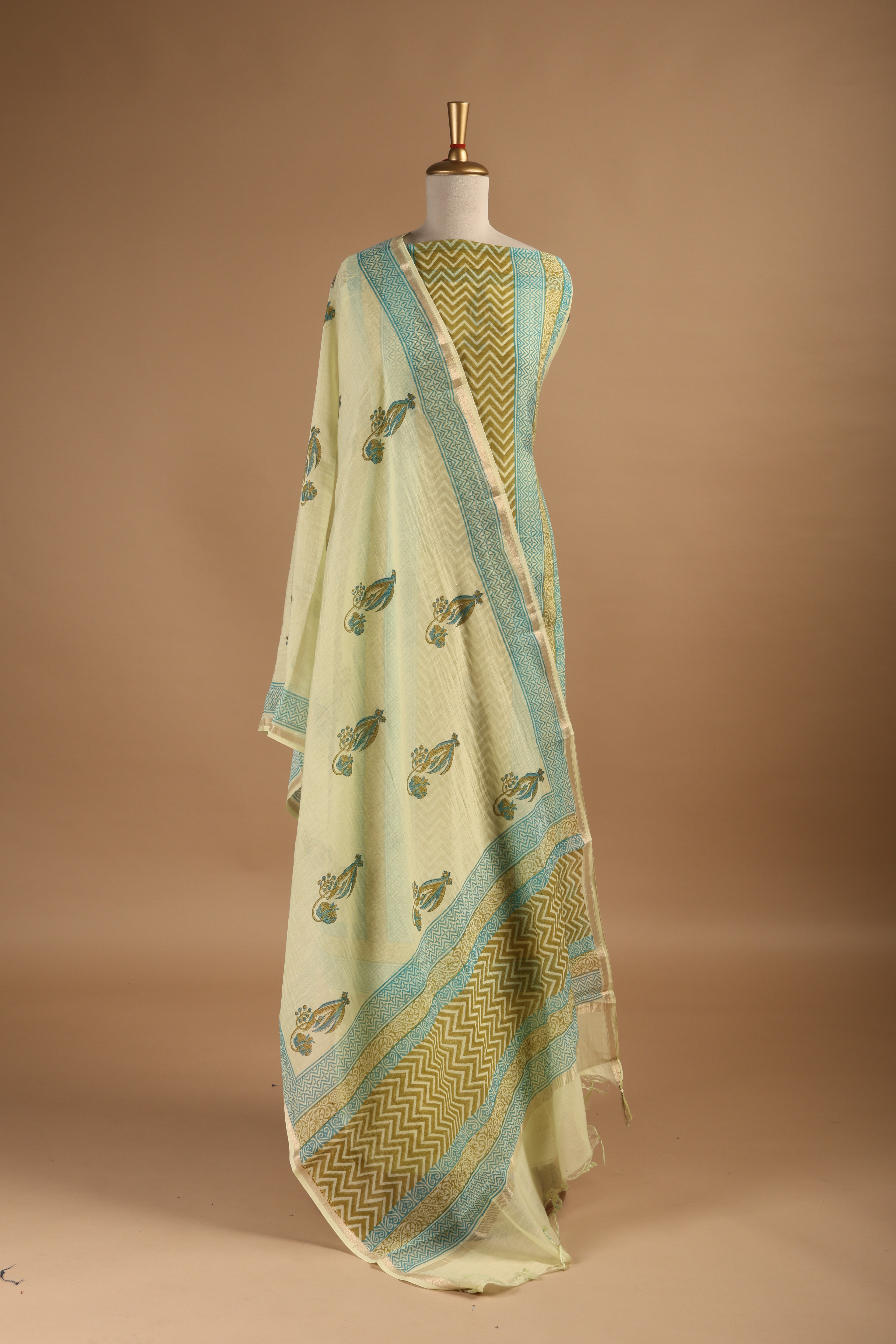 Lime Green Hand Block Printed Unstitched 3-Piece Suit Set in Mul Chanderi