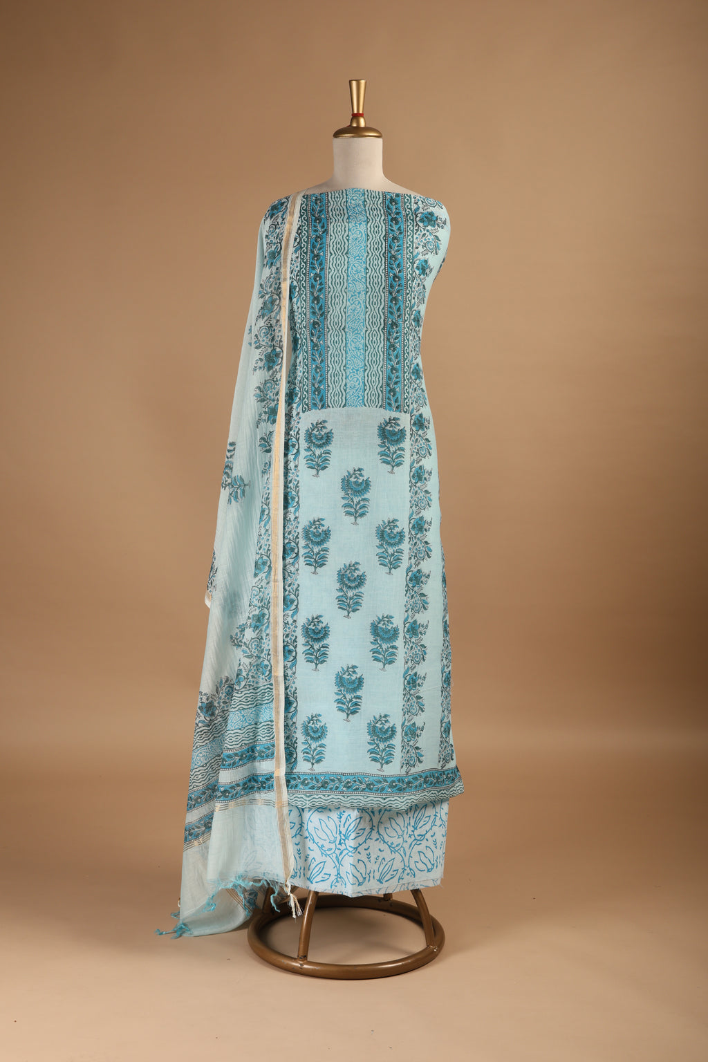 Sea Green Hand Block Printed Unstitched Suit Set in Mul Chanderi