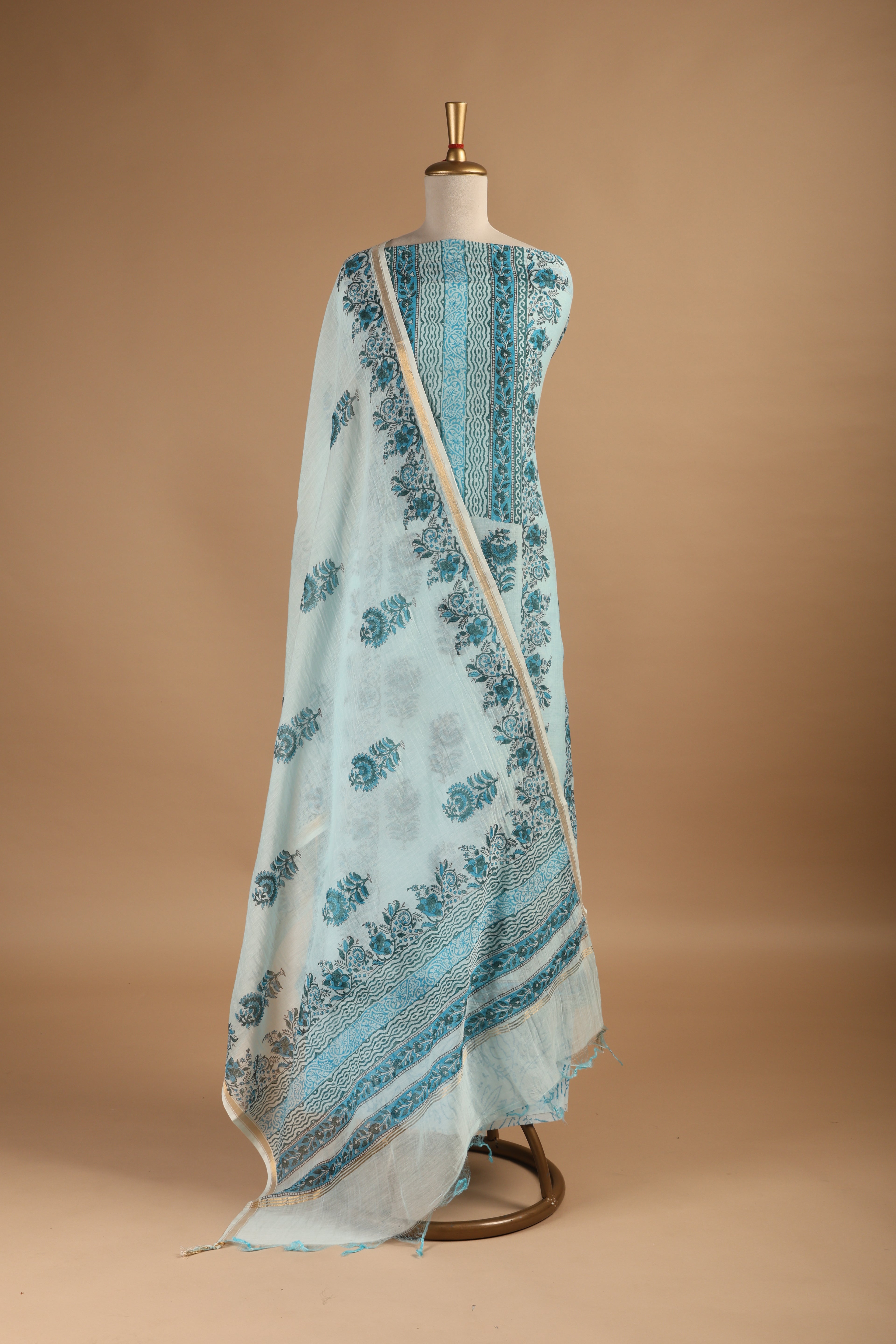 Sea Green Hand Block Printed Unstitched Suit Set in Mul Chanderi