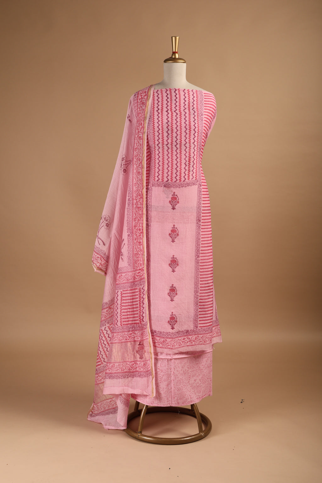 Pink Hand Block Printed Unstitched 3-Piece Suit Set in Mul Chanderi