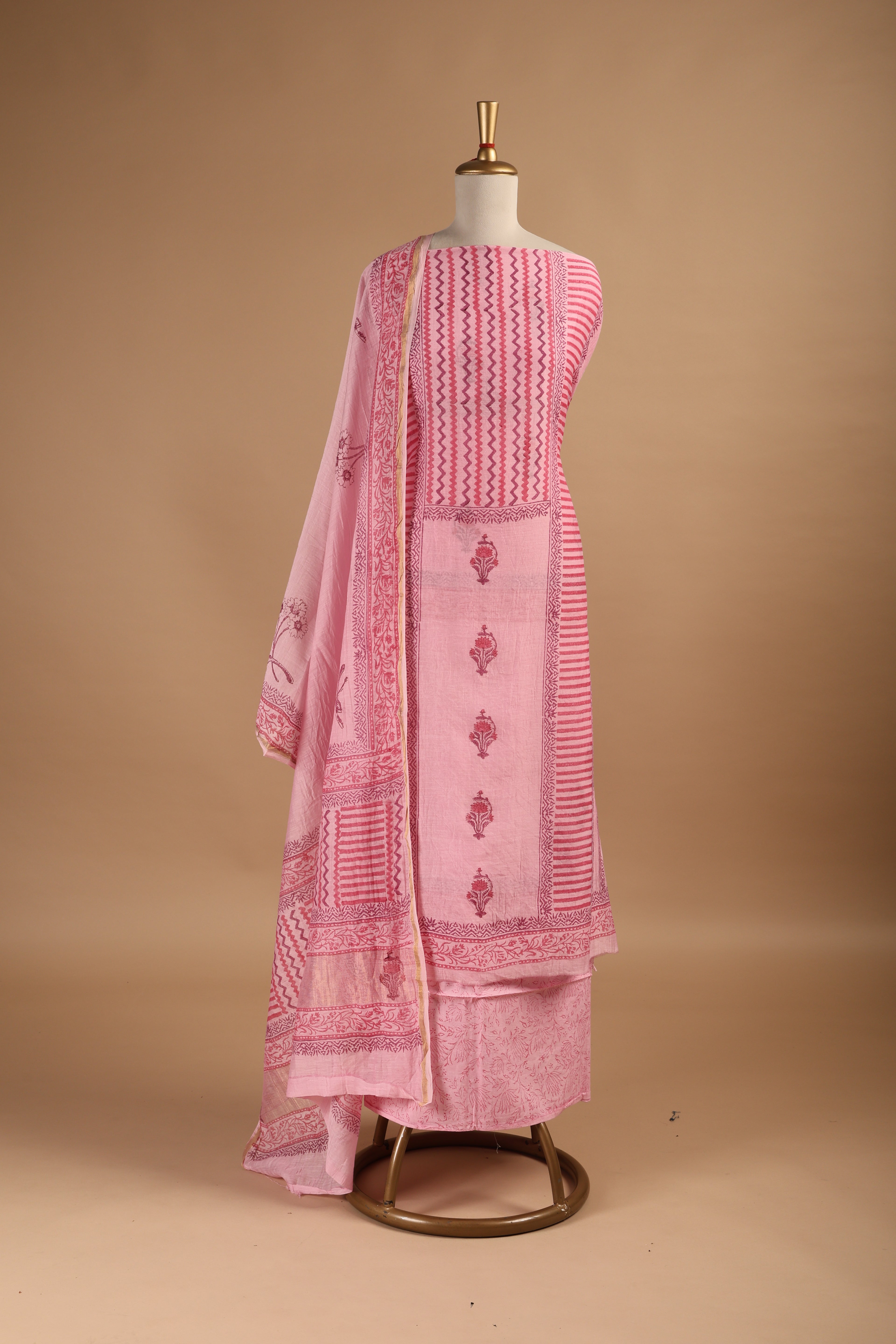 Pink Hand Block Printed Unstitched 3-Piece Suit Set in Mul Chanderi