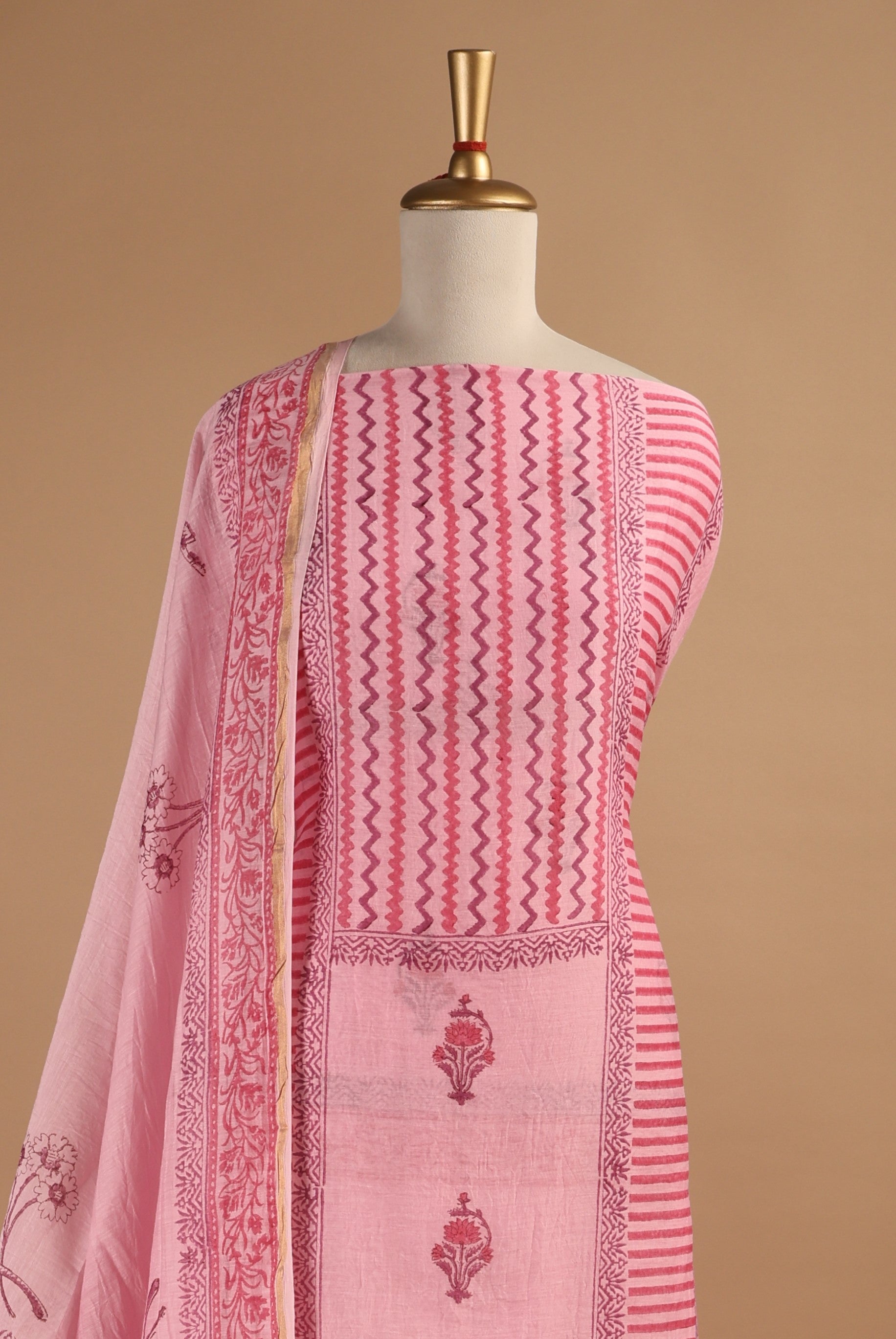 Pink Hand Block Printed Unstitched 3-Piece Suit Set in Mul Chanderi