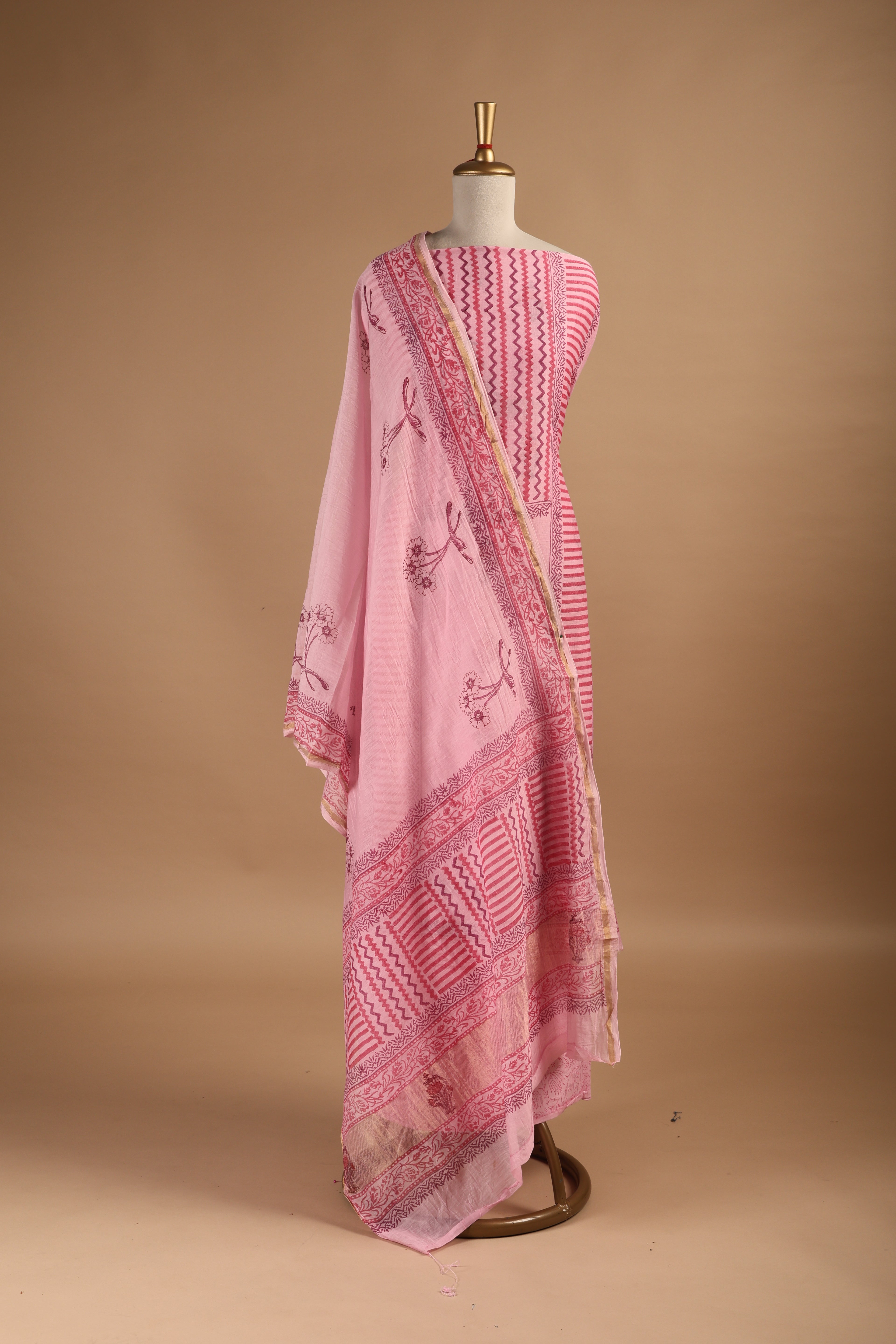 Pink Hand Block Printed Unstitched 3-Piece Suit Set in Mul Chanderi