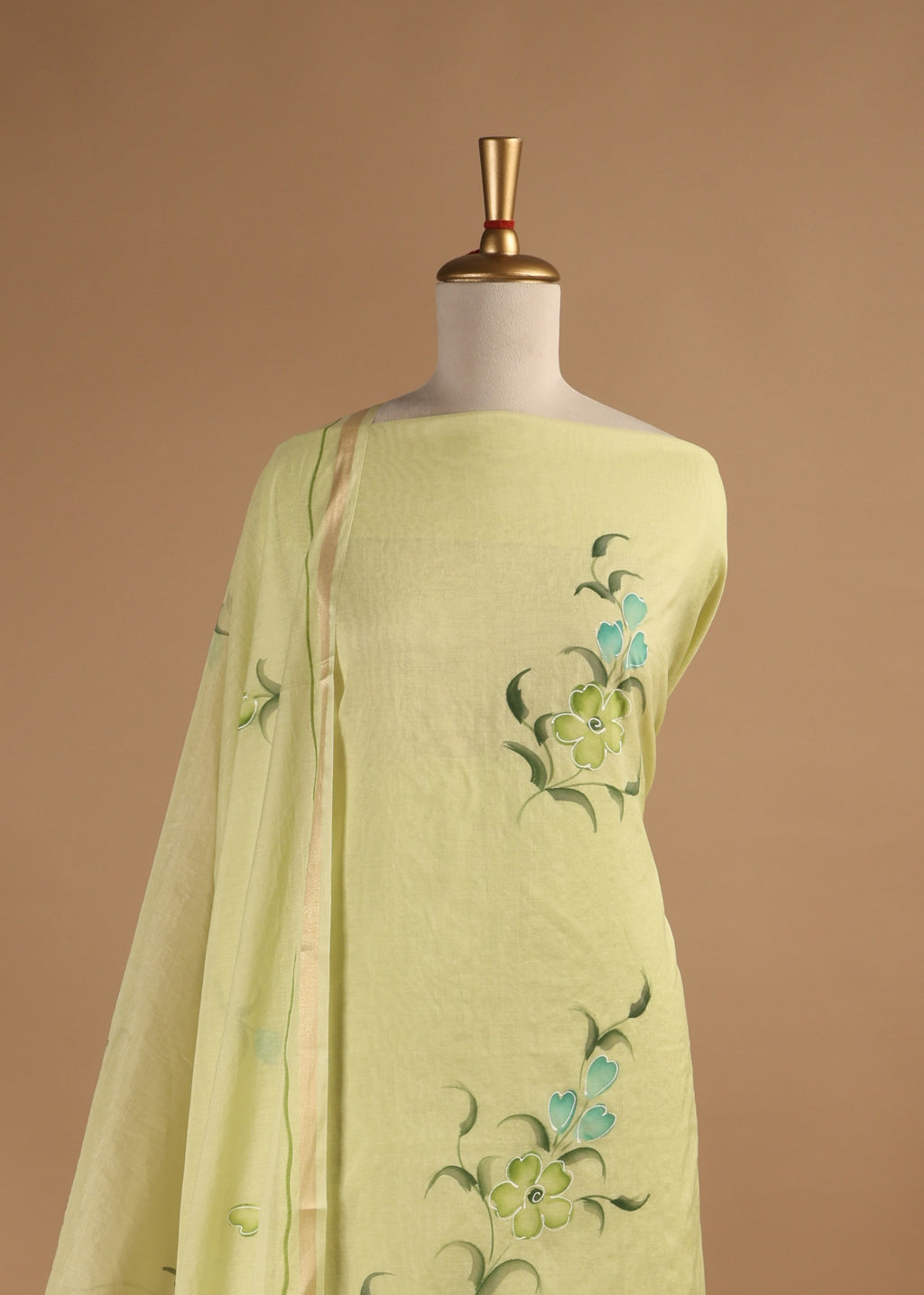 Lime Green Hand Painted Unstitched Suit Set in Mul Chanderi