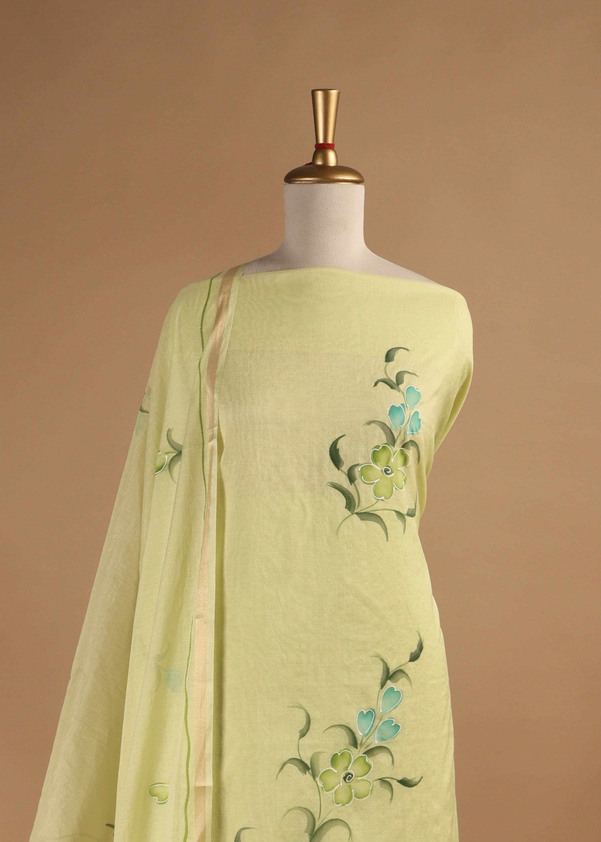 Lime Green Hand Painted Unstitched Suit Set in Mul Chanderi