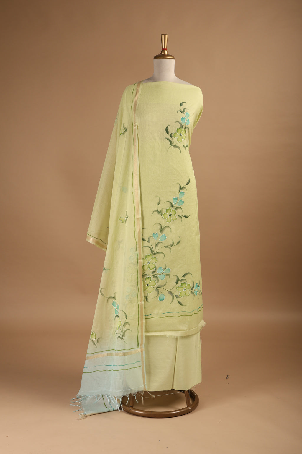 Lime Green Hand Painted Unstitched Suit Set in Mul Chanderi