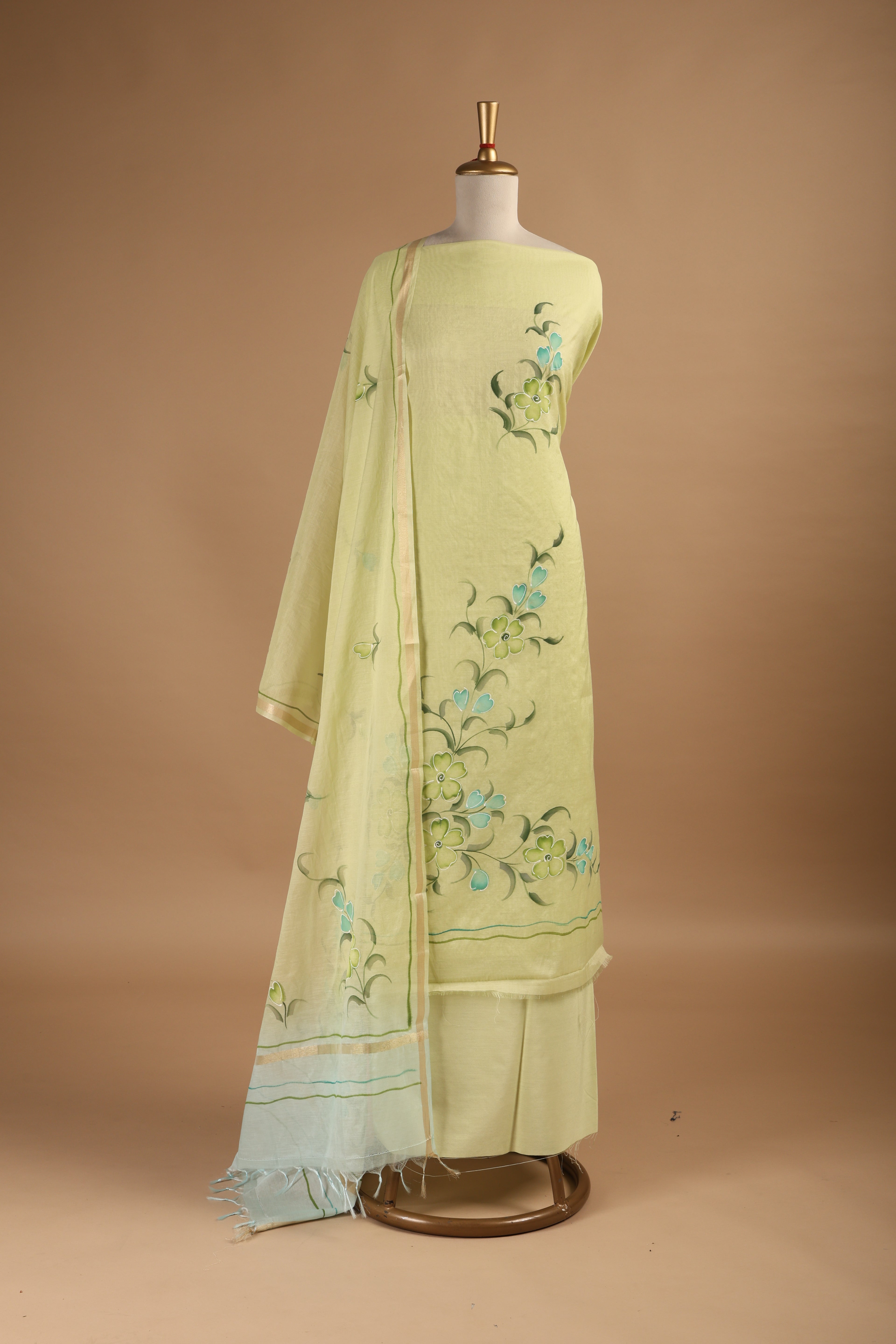 Lime Green Hand Painted Unstitched Suit Set in Mul Chanderi