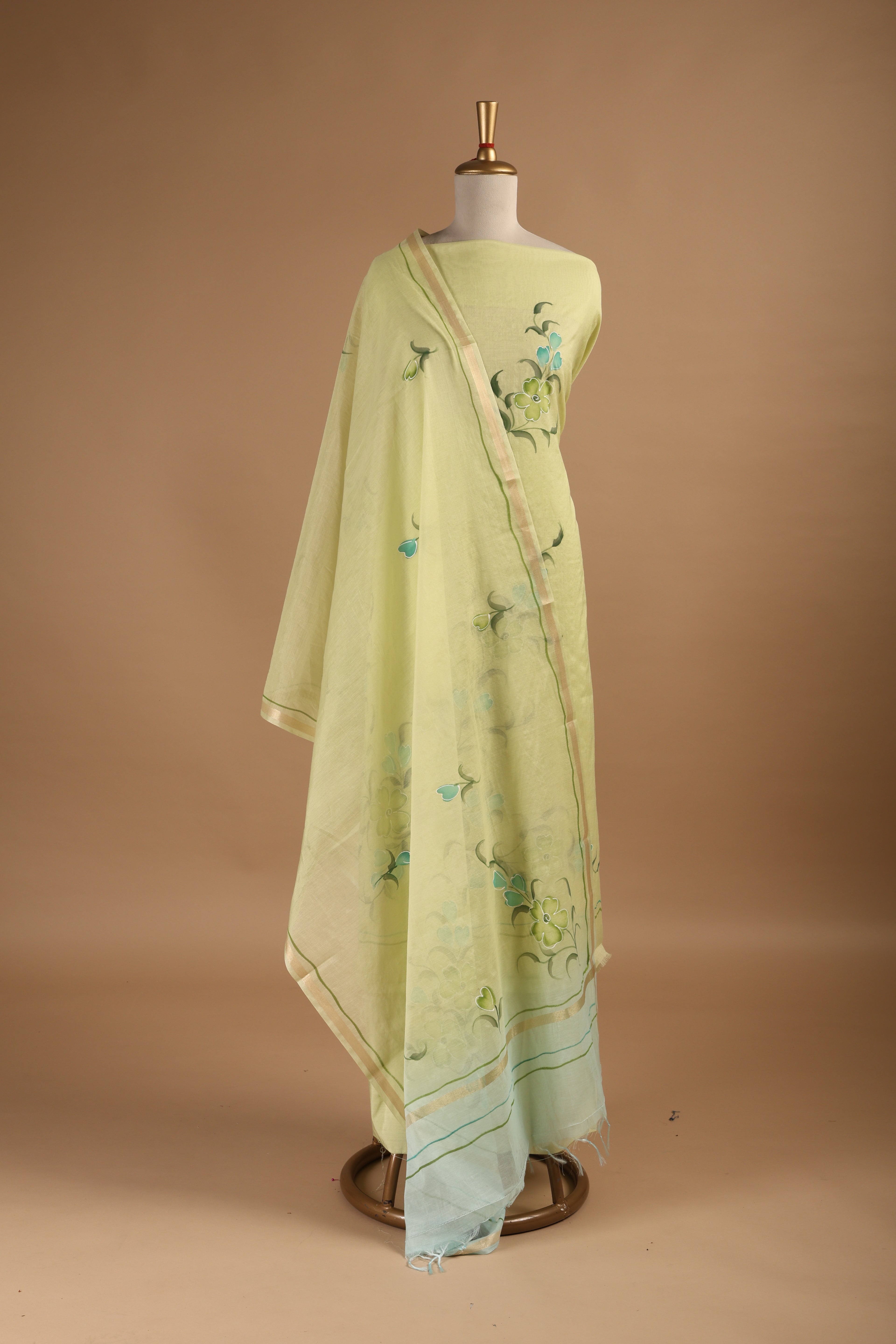Lime Green Hand Painted Unstitched Suit Set in Mul Chanderi