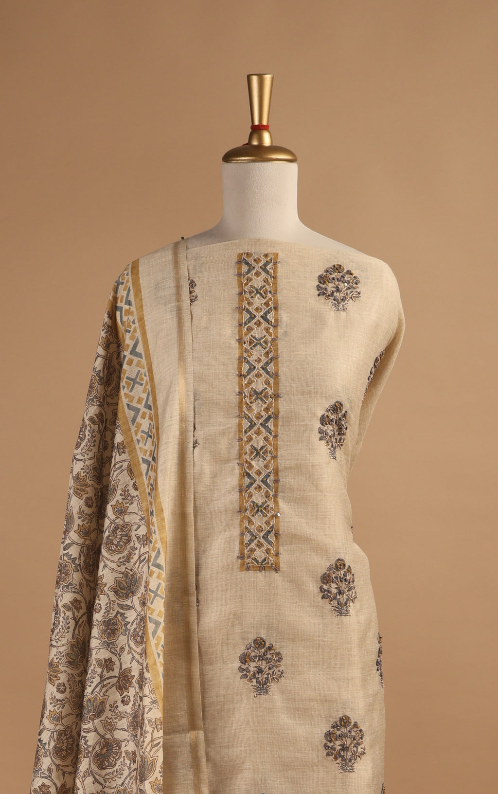 Hand Block Printed Chanderi Suit with French Knots & Kantha Work