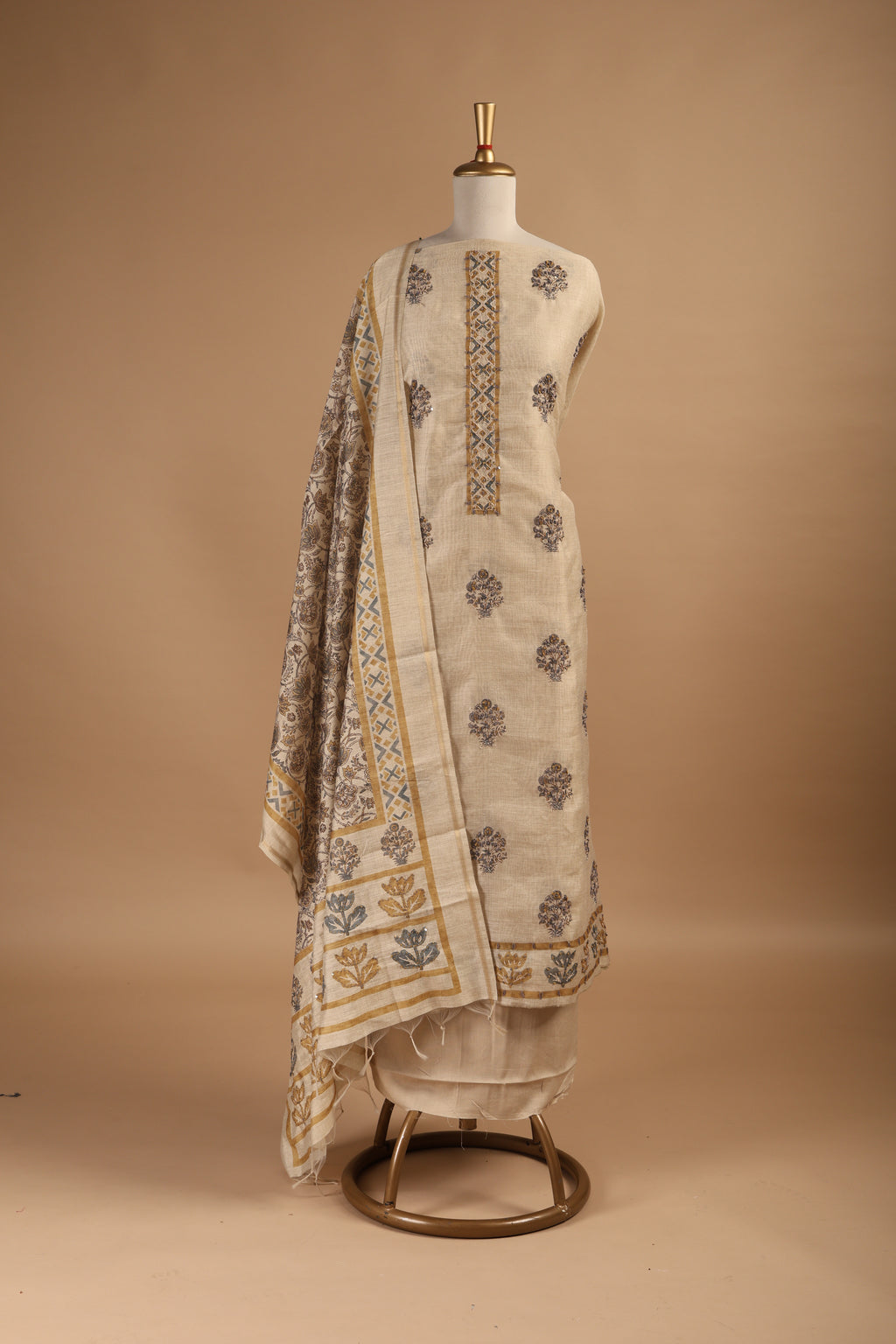 Hand Block Printed Chanderi Suit with French Knots & Kantha Work