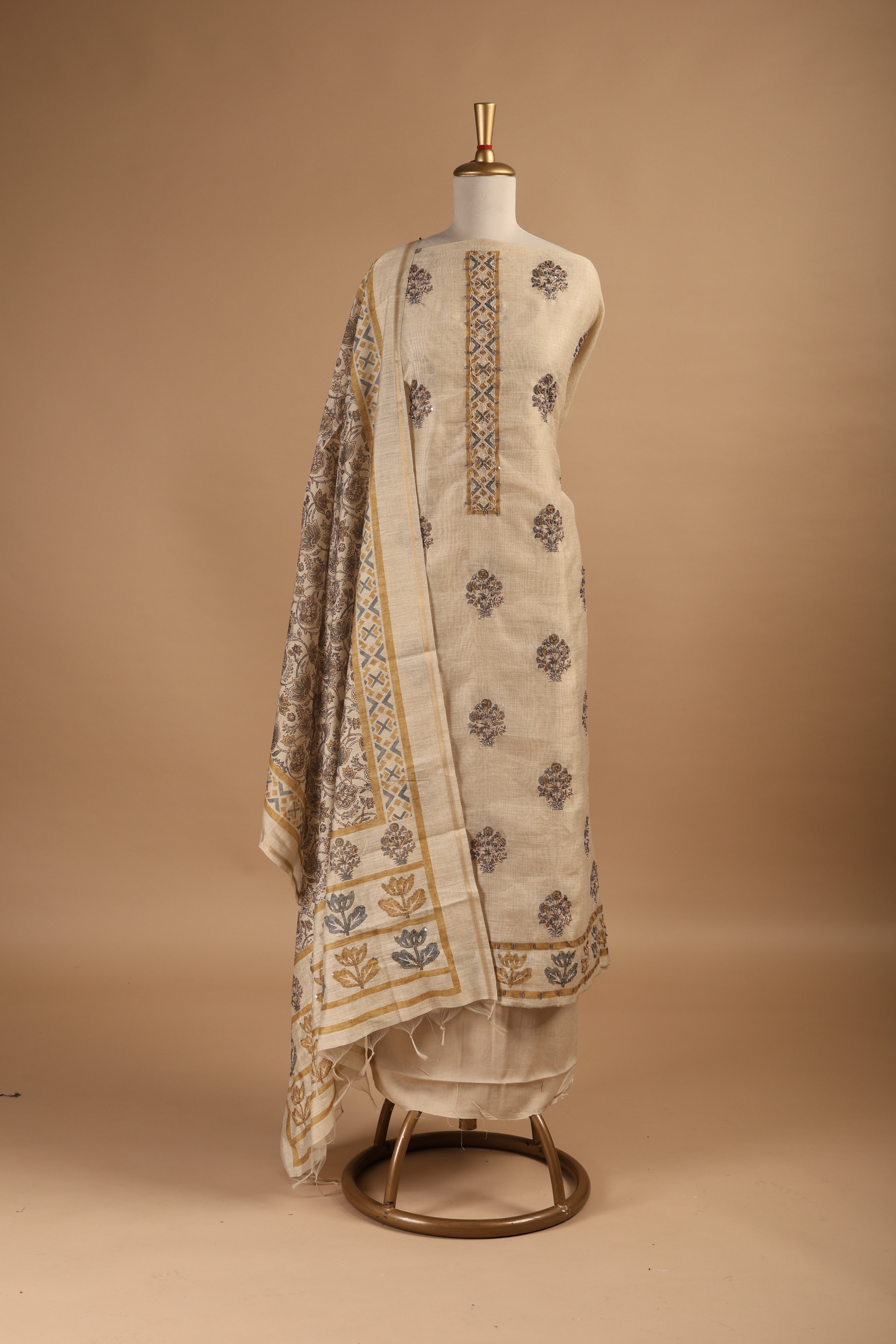 Hand Block Printed Chanderi Suit with French Knots & Kantha Work