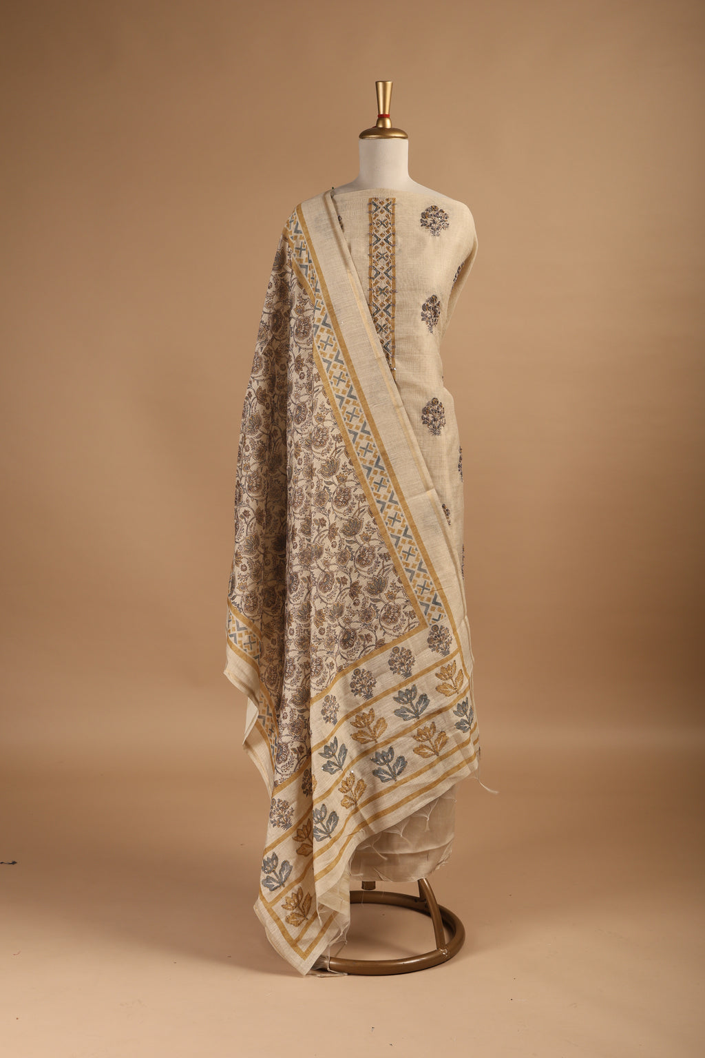 Hand Block Printed Chanderi Suit with French Knots & Kantha Work