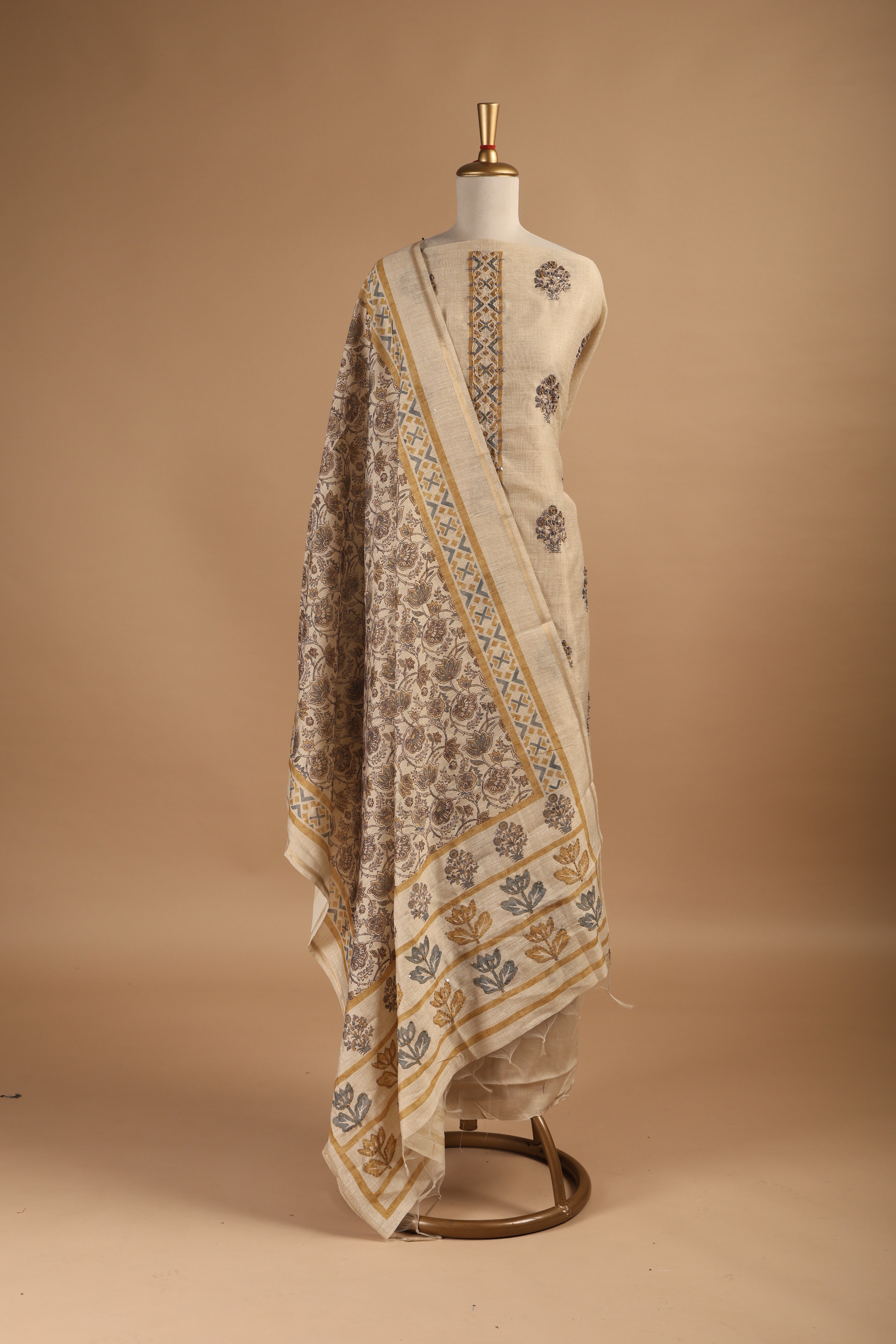 Hand Block Printed Chanderi Suit with French Knots & Kantha Work