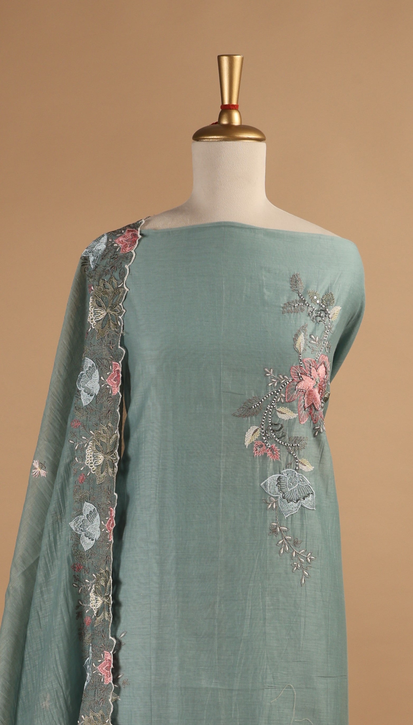 Teal Green Embroidered Unstitched 3-Piece Suit Set in Mul Chanderi