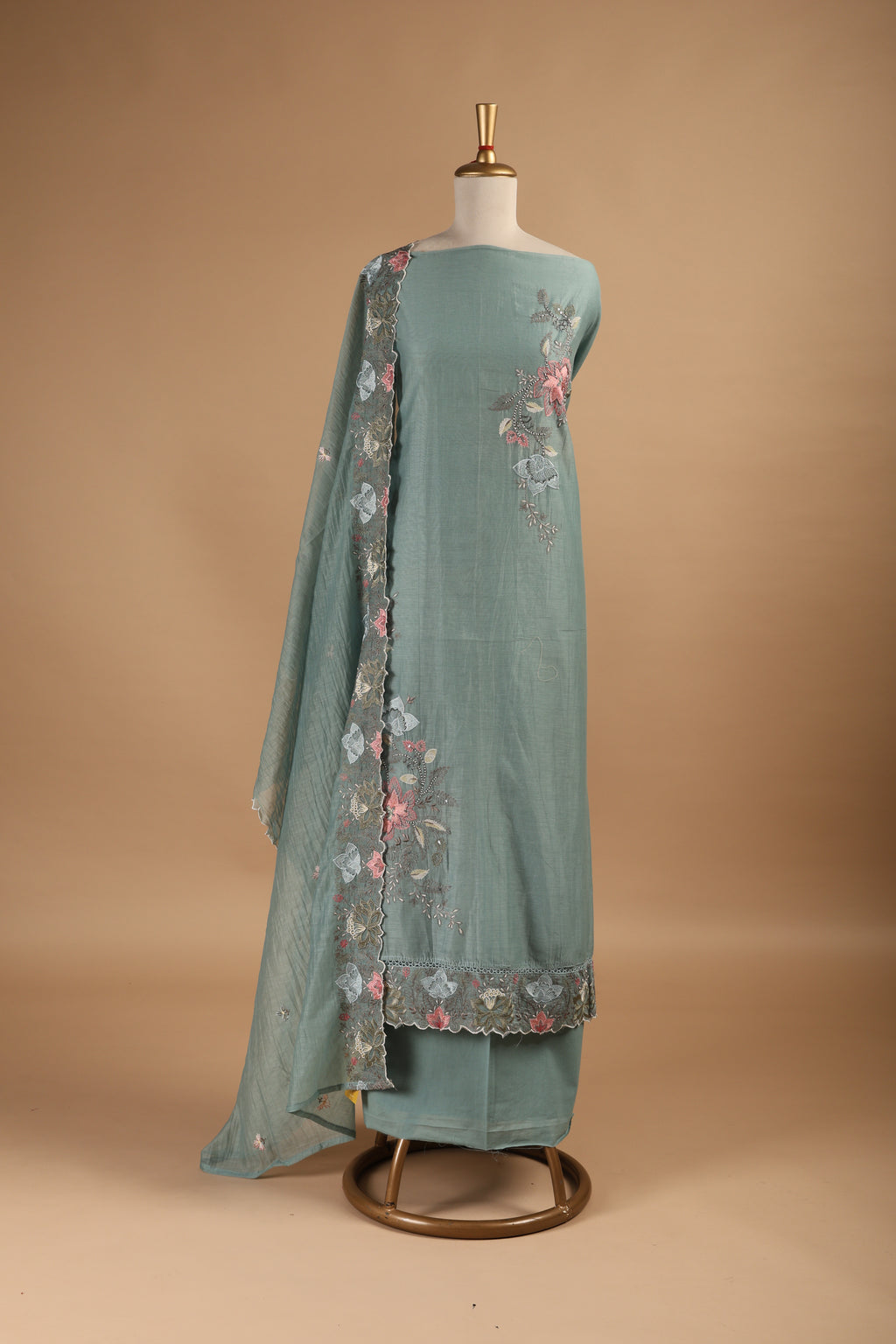 Teal Green Embroidered Unstitched 3-Piece Suit Set in Mul Chanderi