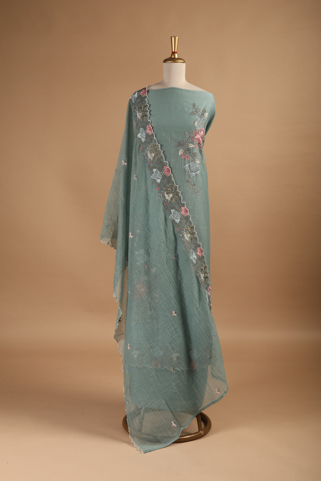 Teal Green Embroidered Unstitched 3-Piece Suit Set in Mul Chanderi