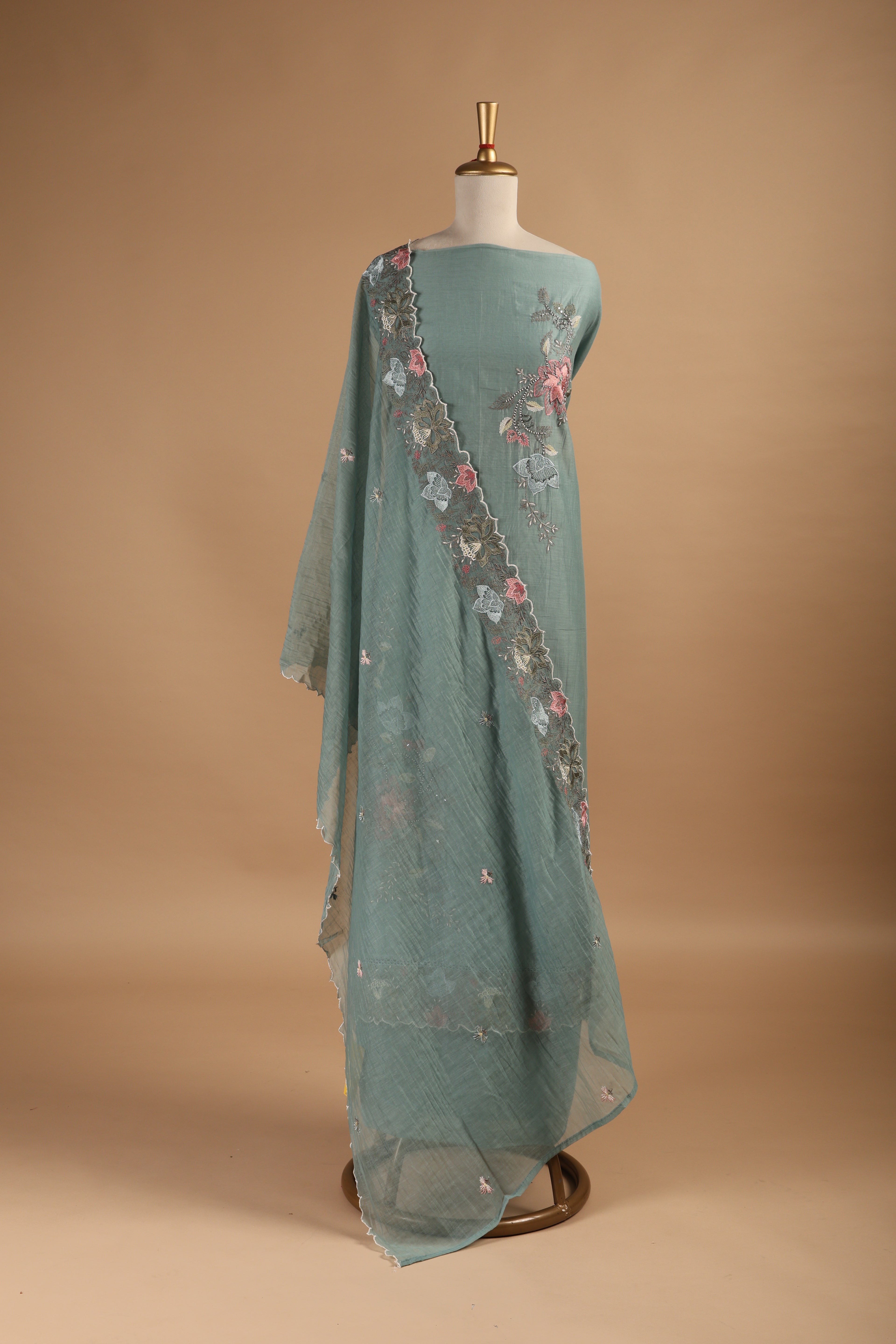 Teal Green Embroidered Unstitched 3-Piece Suit Set in Mul Chanderi