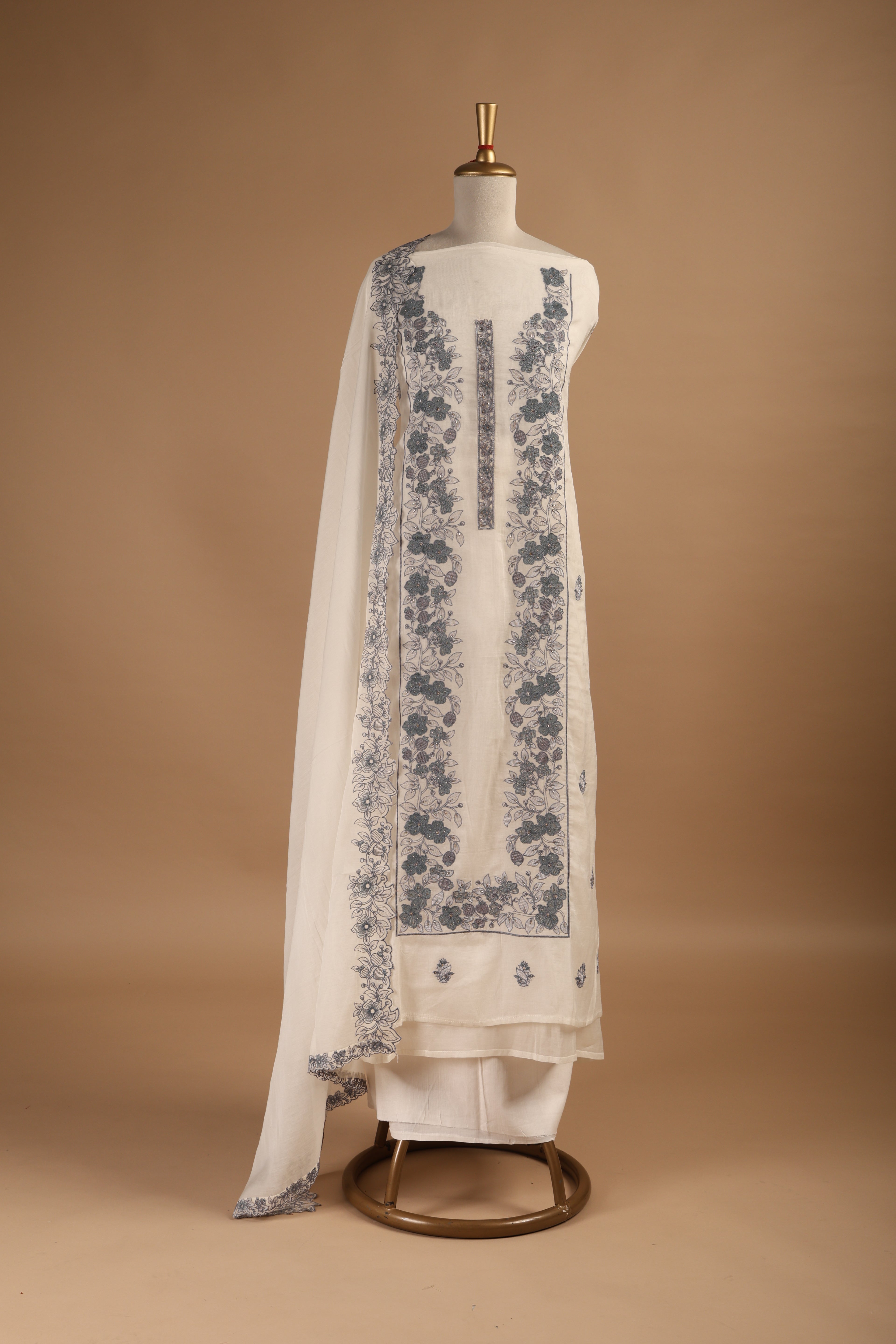 Ivory Embroidered Unstitched 3-Piece Suit Set in Mul Chanderi