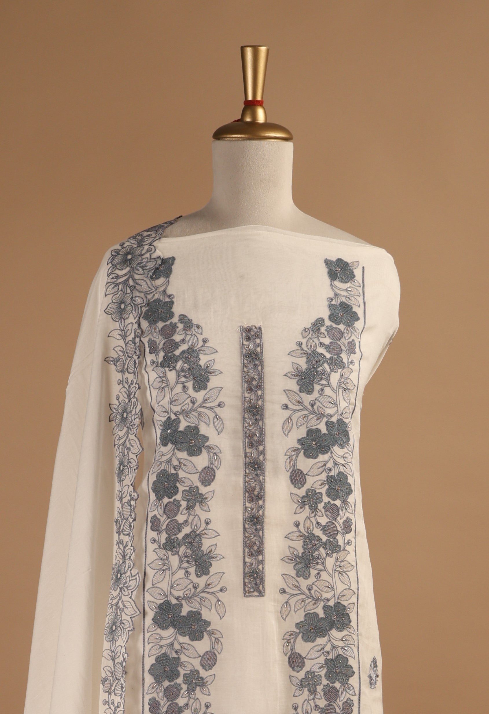 Ivory Embroidered Unstitched 3-Piece Suit Set in Mul Chanderi