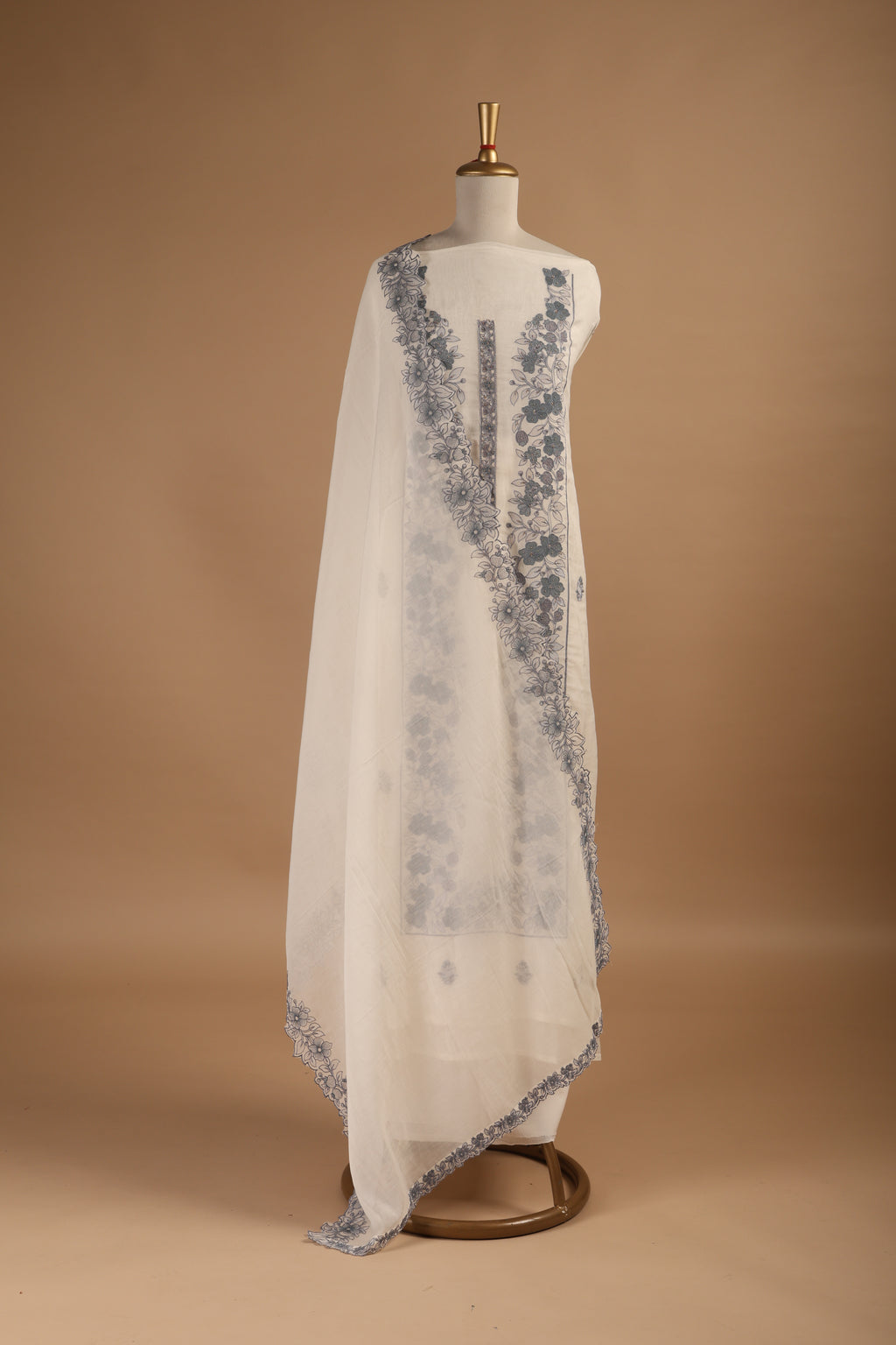 Ivory Embroidered Unstitched 3-Piece Suit Set in Mul Chanderi