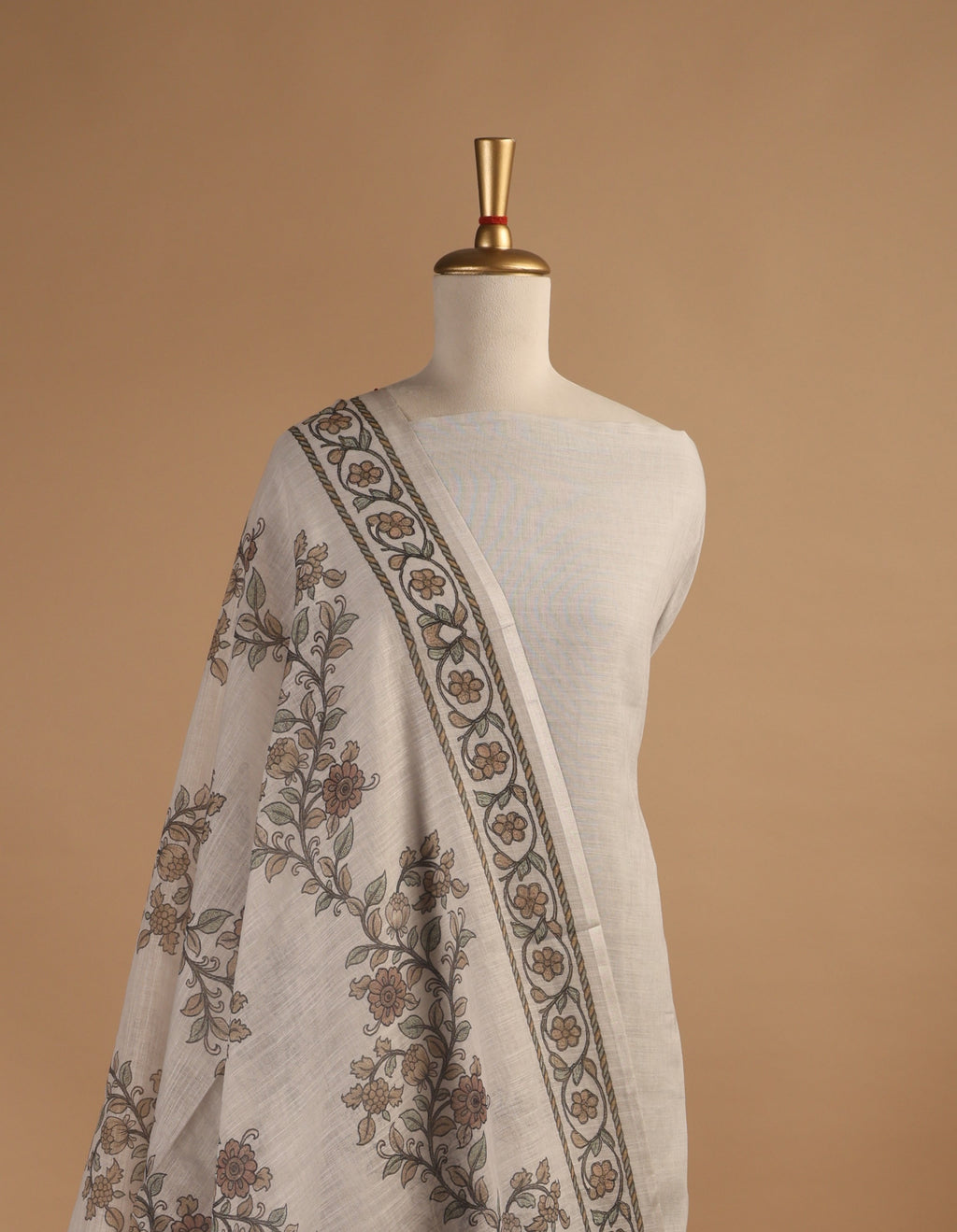 Light beige Digital Printed Linen Suit Set with French Knots & Kantha Highlights
