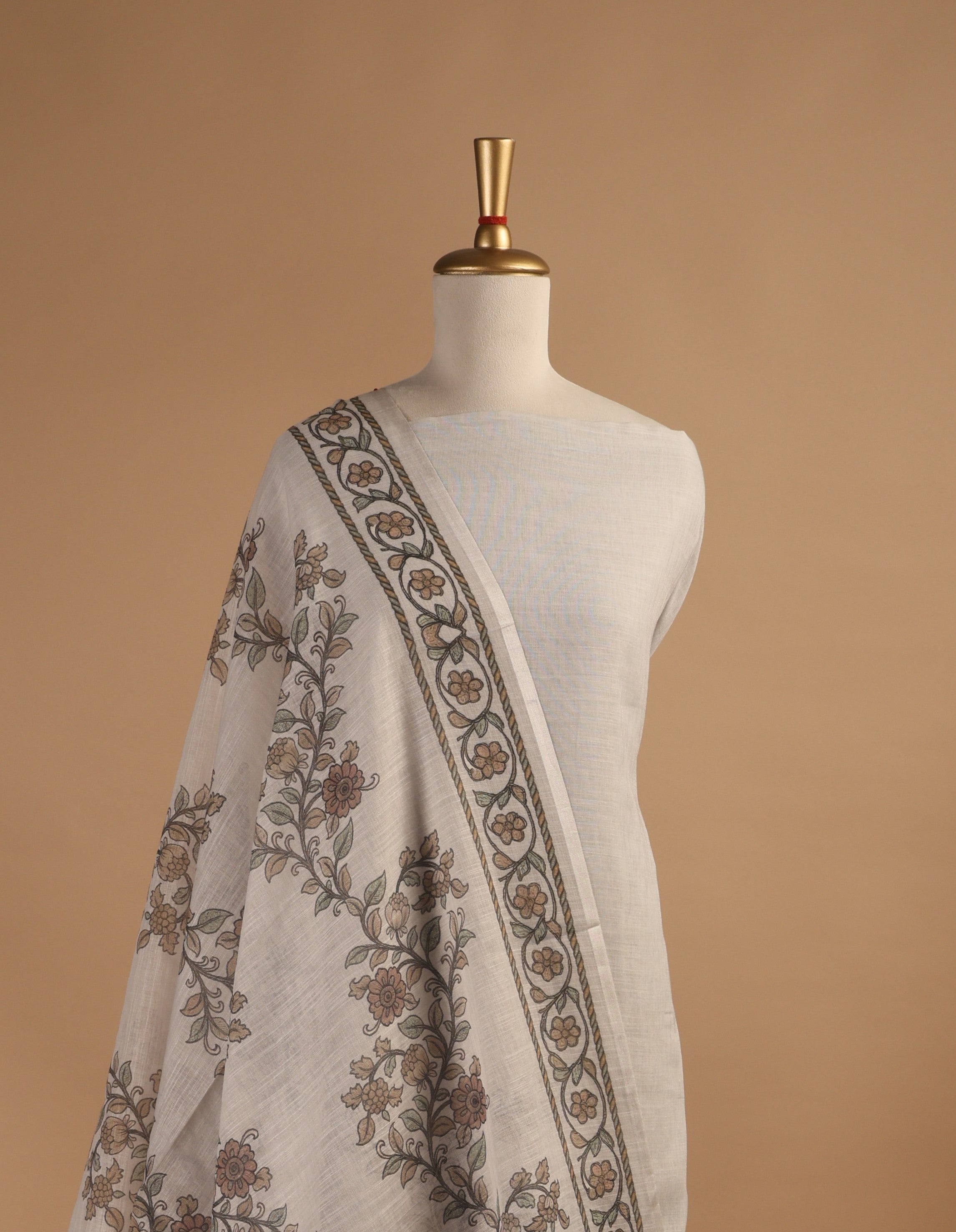 Light beige Digital Printed Linen Suit Set with French Knots & Kantha Highlights