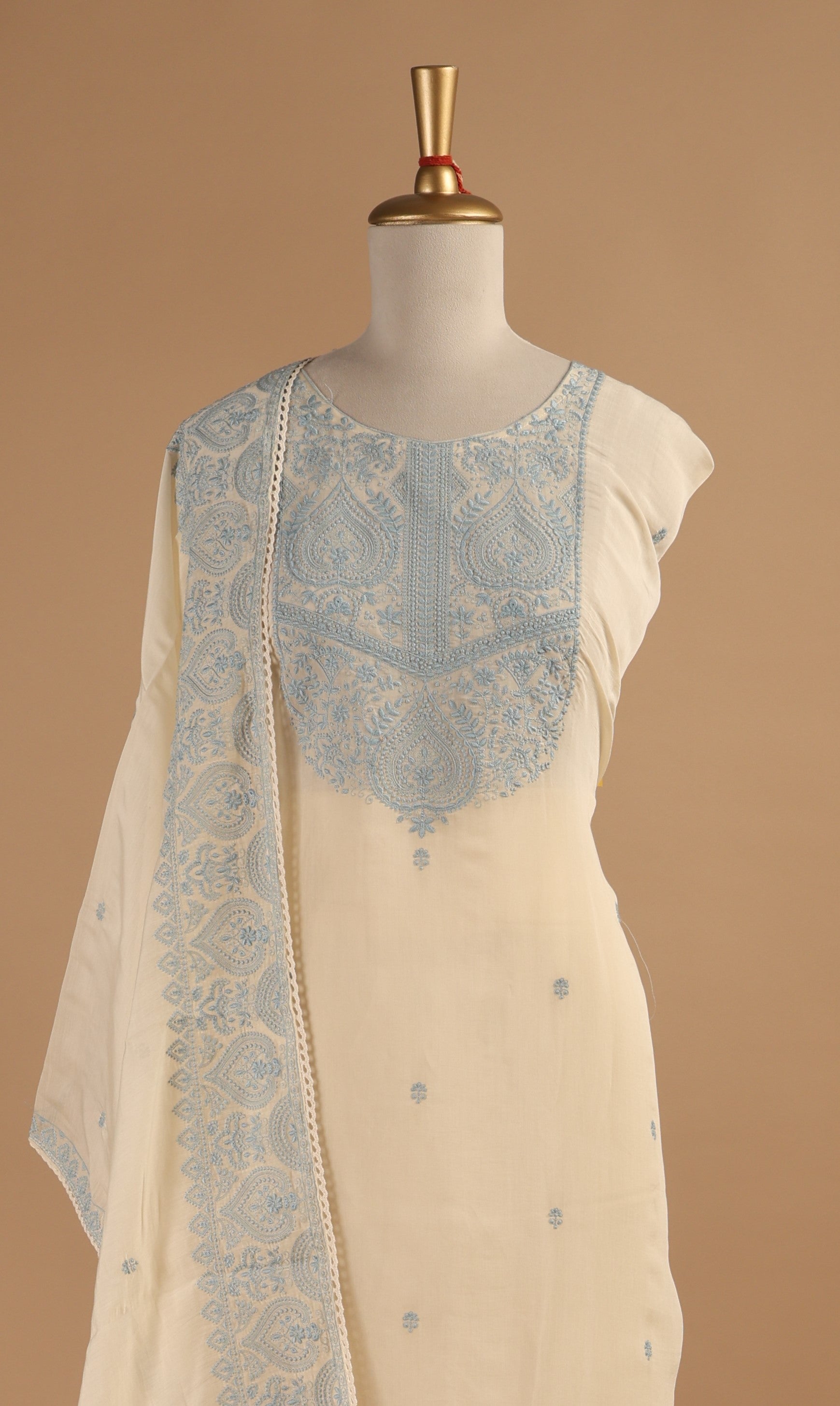 Mul Chanderi Suit Set with Intricate Embroidery & Lace Detailed Dupatta