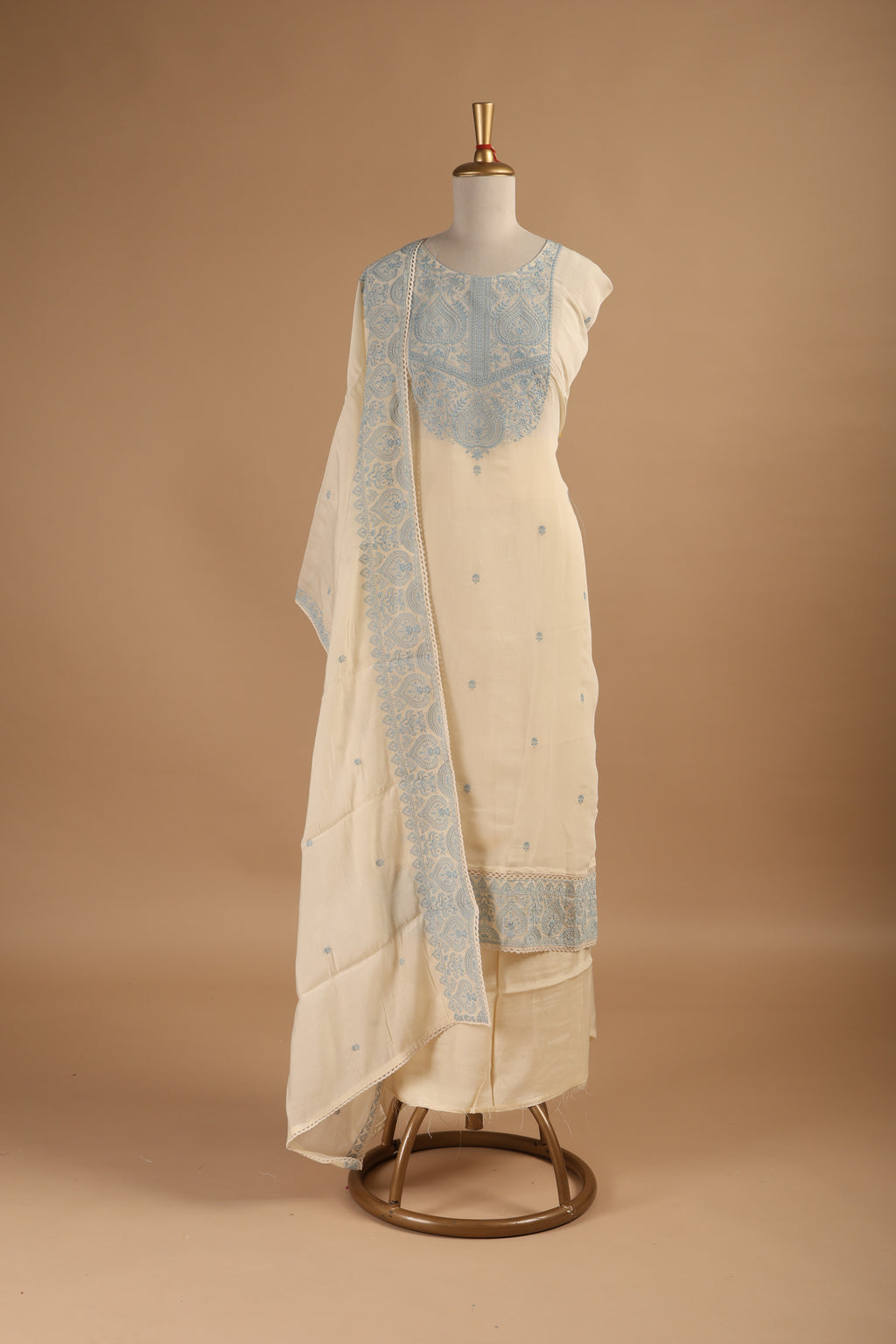 Mul Chanderi Suit Set with Intricate Embroidery & Lace Detailed Dupatta