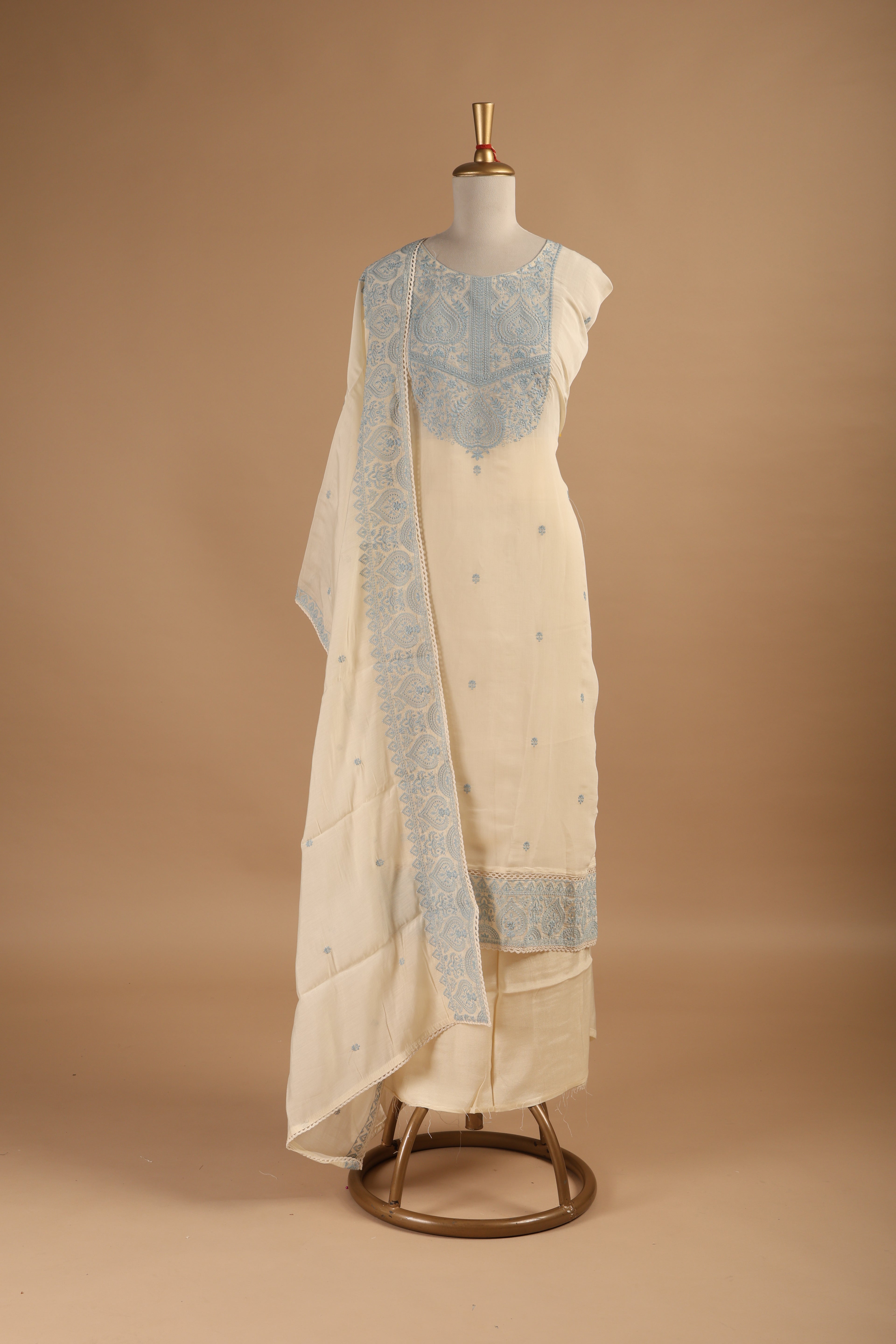 Mul Chanderi Suit Set with Intricate Embroidery & Lace Detailed Dupatta