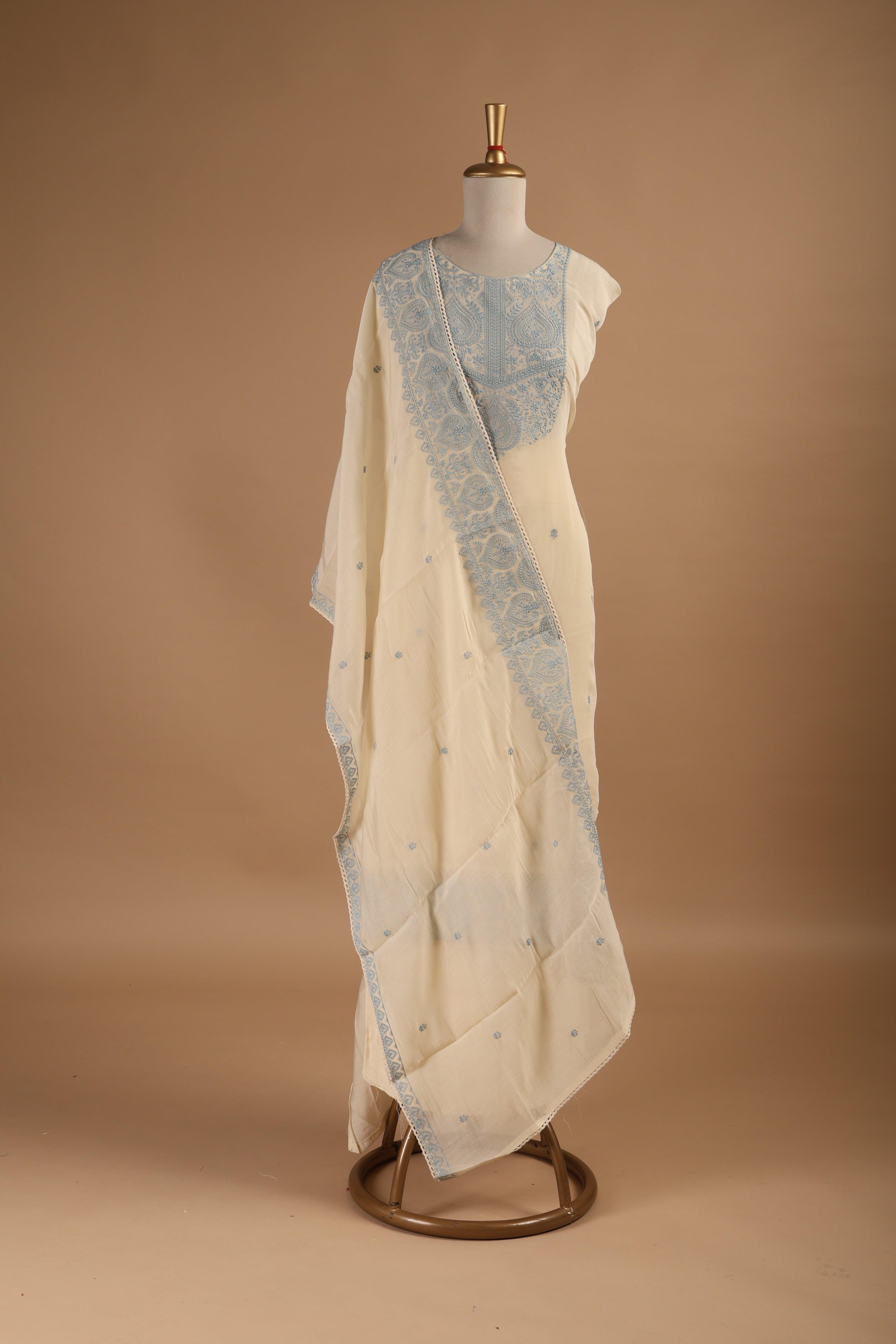 Mul Chanderi Suit Set with Intricate Embroidery & Lace Detailed Dupatta