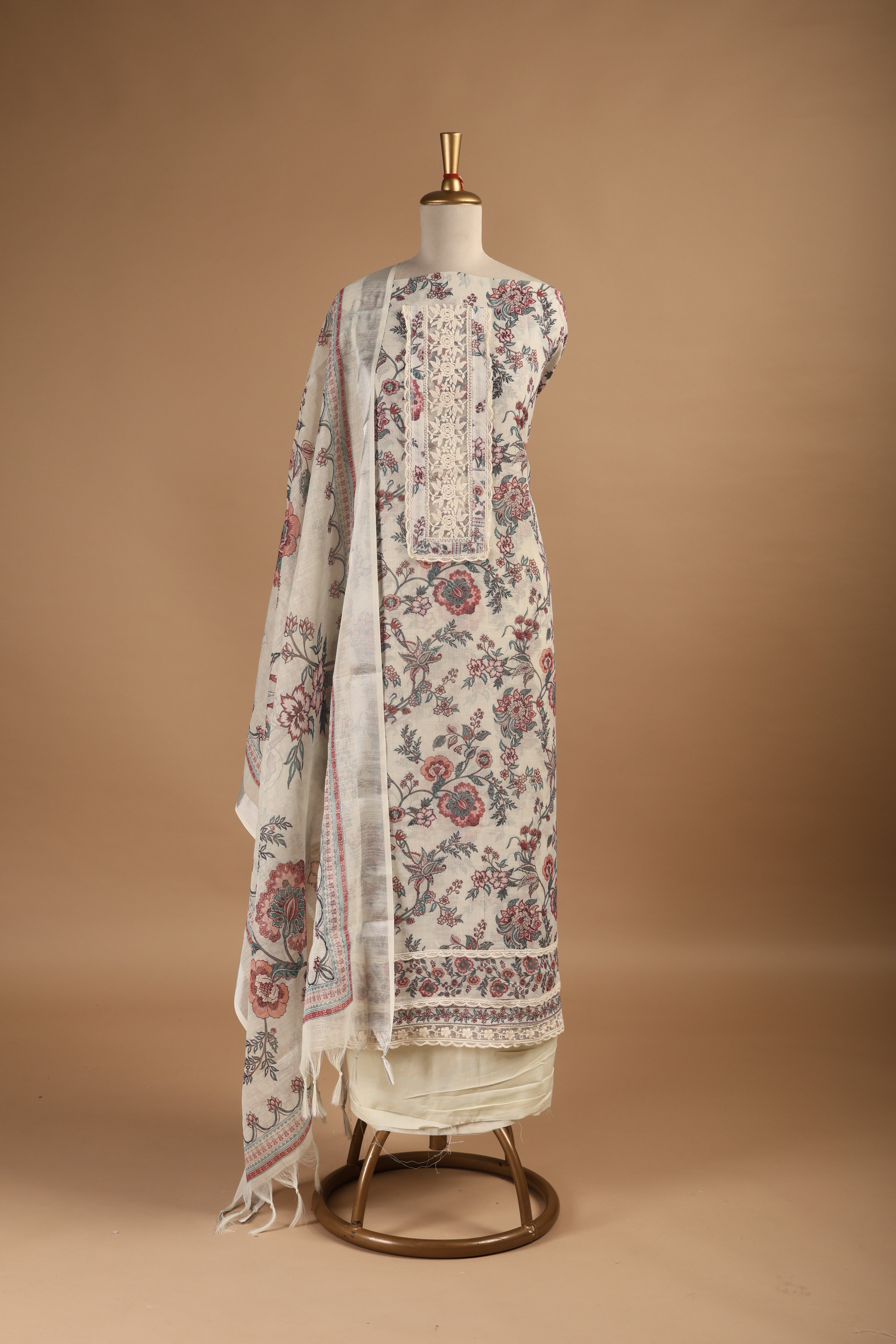 Beige Digital Printed Unstitched 3-Piece Suit Set in Linen with Lace Detailing