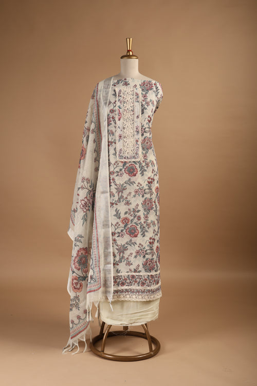 Beige Digital Printed Unstitched 3-Piece Suit Set in Linen with Lace Detailing