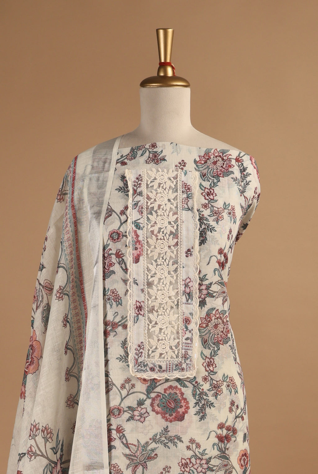 Beige Digital Printed Unstitched 3-Piece Suit Set in Linen with Lace Detailing
