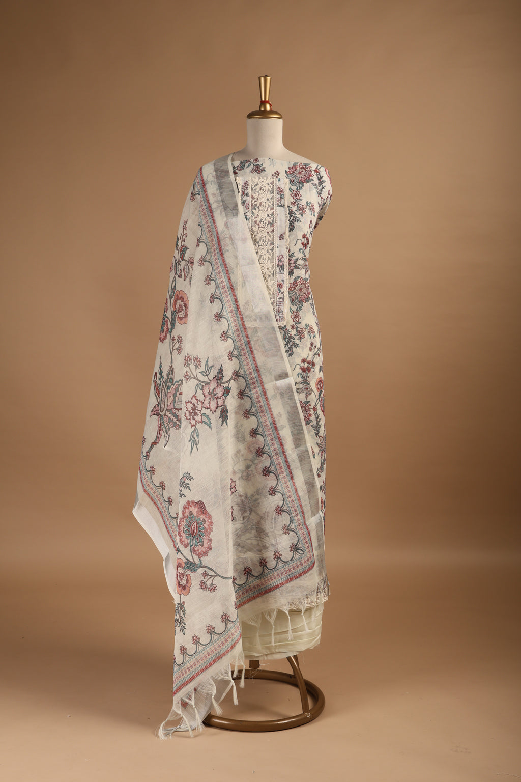 Beige Digital Printed Unstitched 3-Piece Suit Set in Linen with Lace Detailing