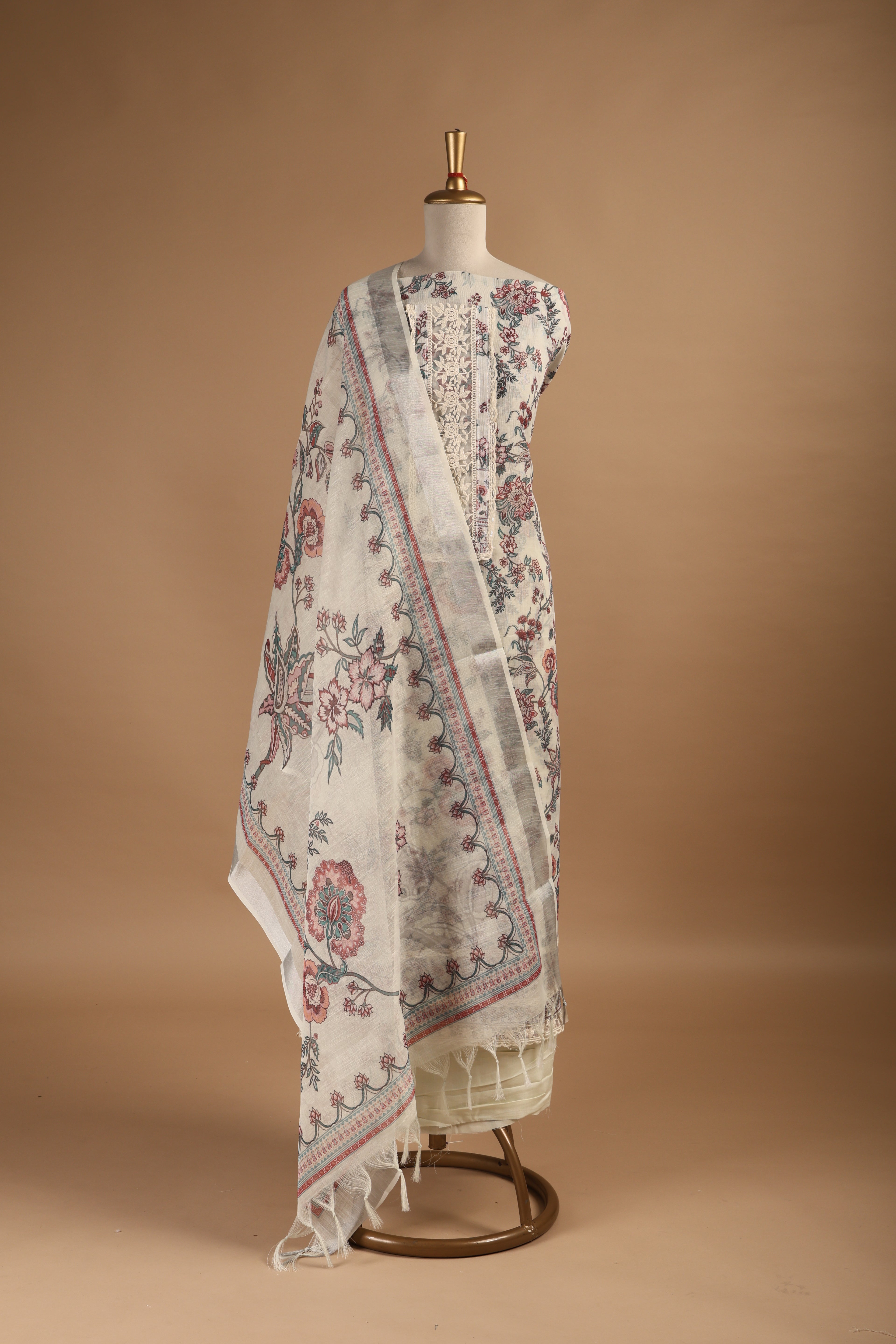 Beige Digital Printed Unstitched 3-Piece Suit Set in Linen with Lace Detailing