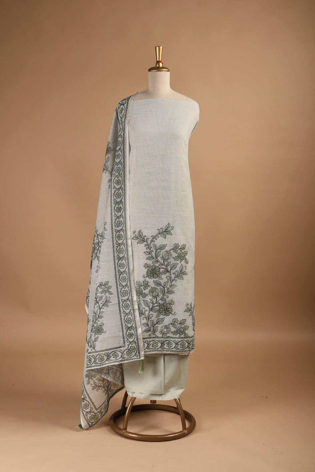 Powder green Digital Printed Linen Suit Set with French Knots & Kantha Highlights