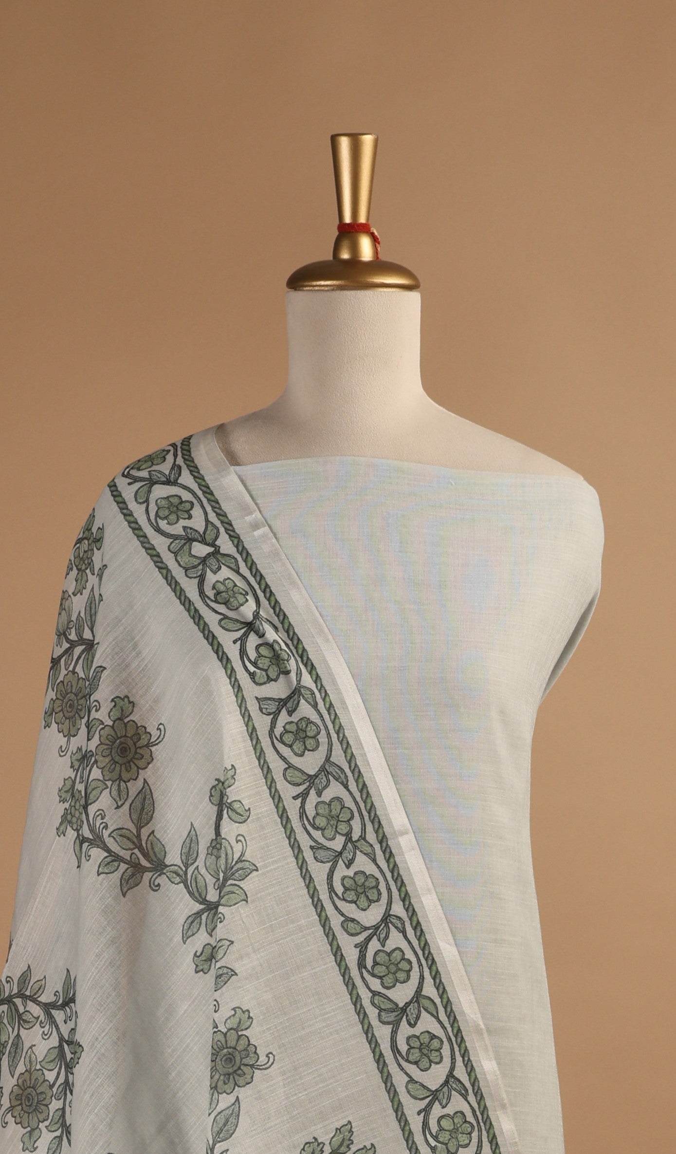 Powder green Digital Printed Linen Suit Set with French Knots & Kantha Highlights