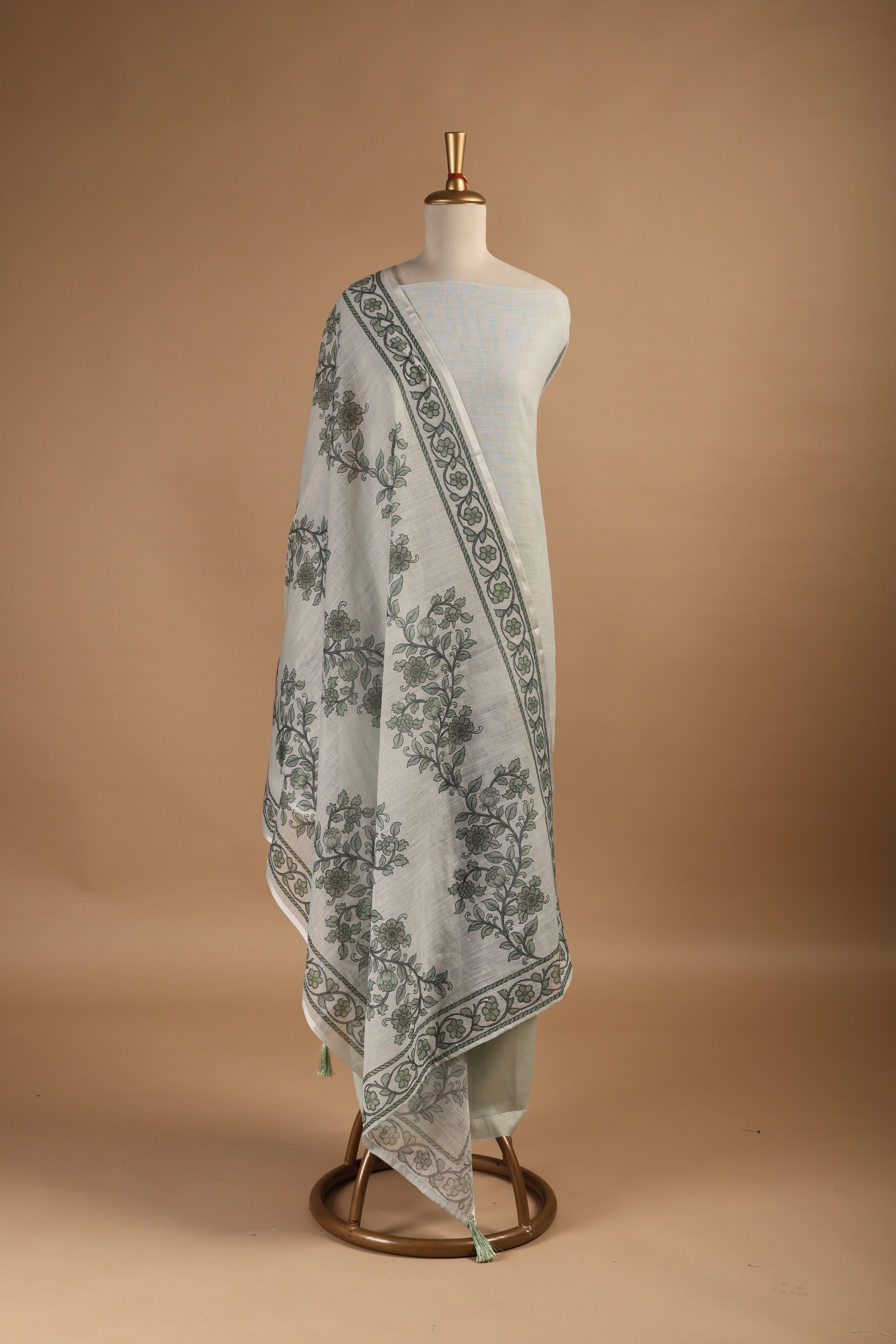Powder green Digital Printed Linen Suit Set with French Knots & Kantha Highlights