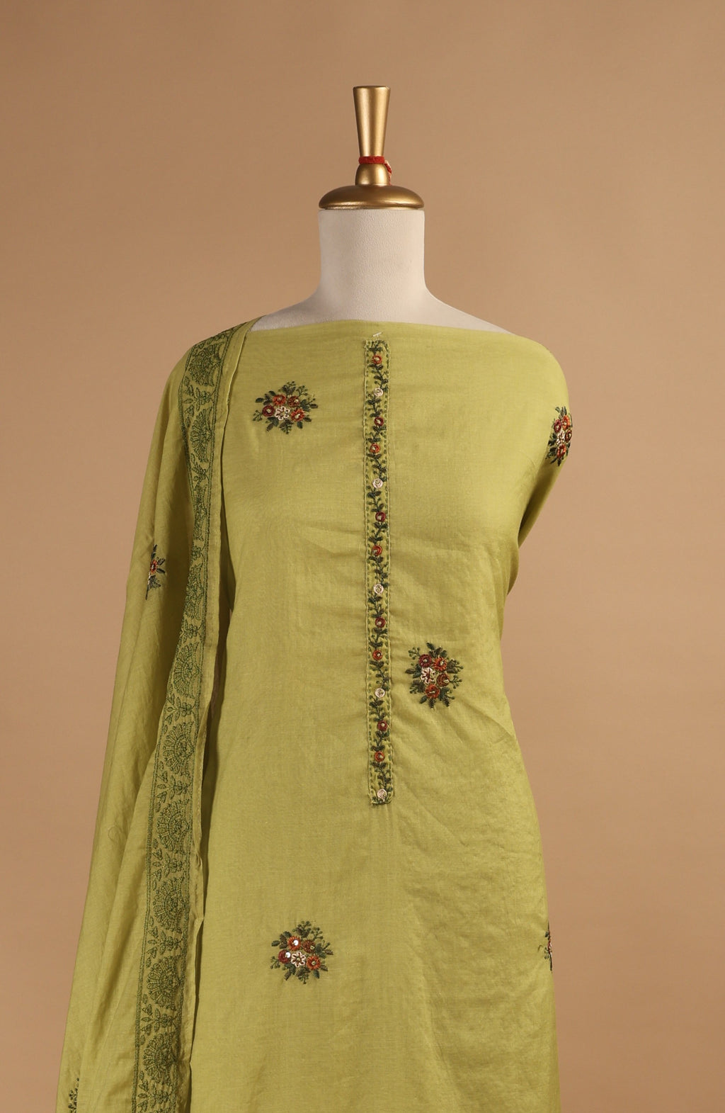 Lime Green Mul Chanderi Unstitched Suit with Multi-Colour Thread Embroidery